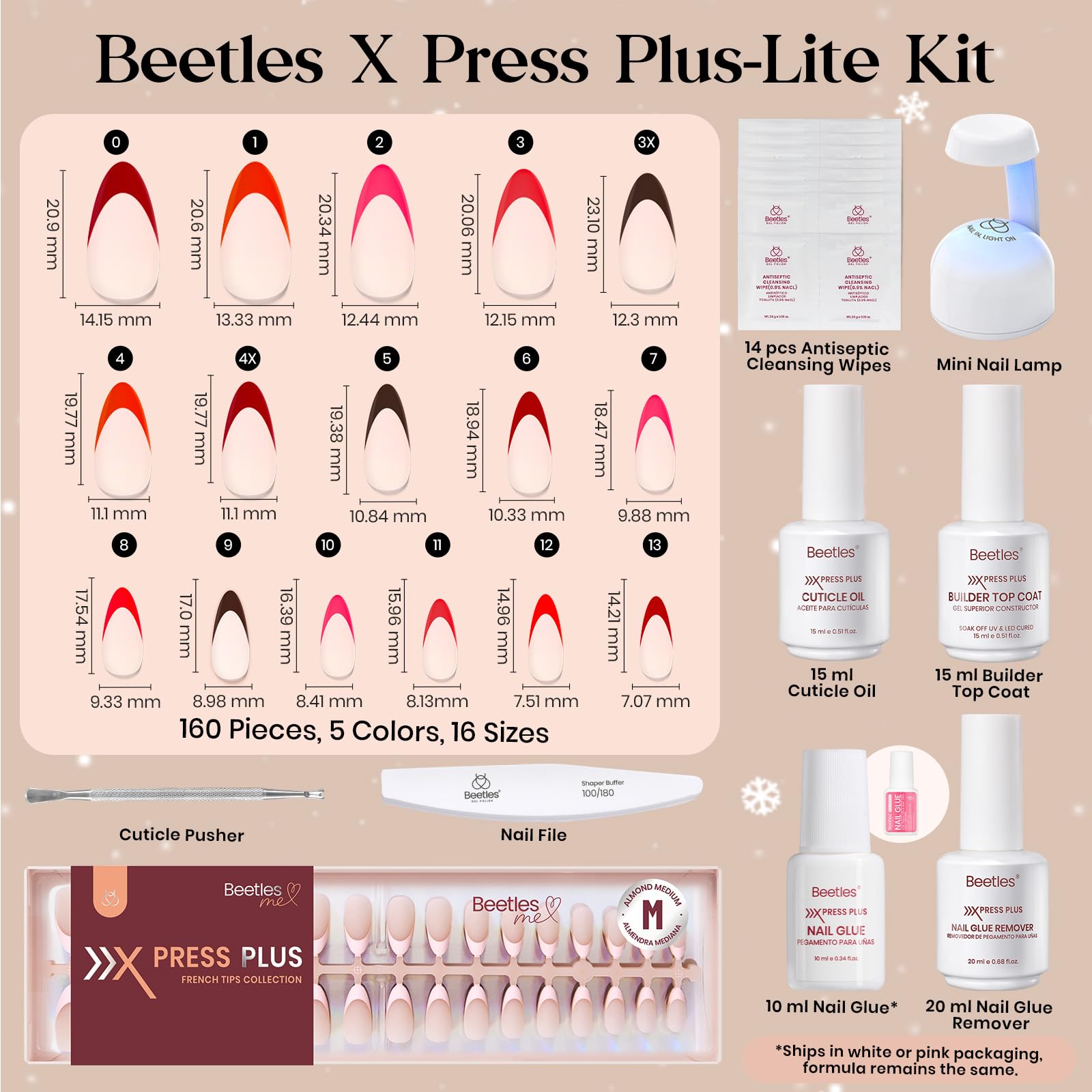 Beetles X Press Plus Gel Nails Kit Rouge French - 160Pcs 16 Sizes All-in-One Kit 5 Colors Christmas Press On Nails Short Almond