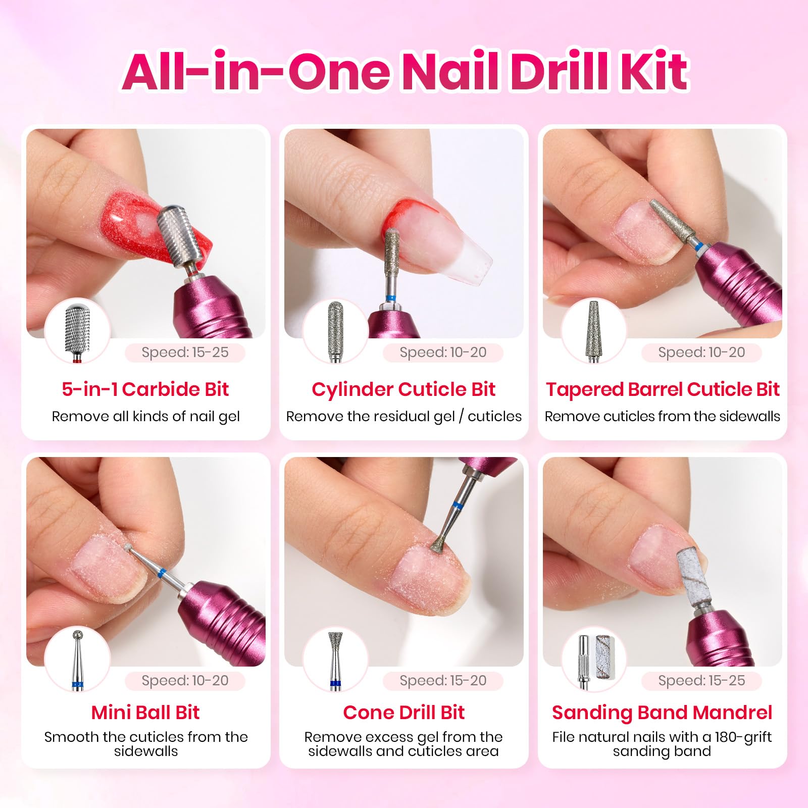 Beetles Electric Cordless Nail Drill Kit 6 Drill Bit 35 Speeds 0-15000 RPM Beginner-Friendly Pink Color