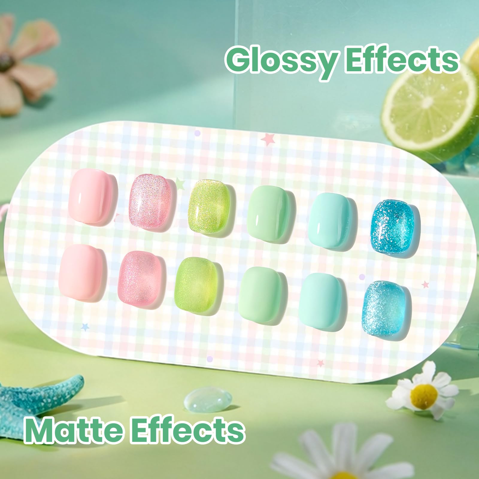 Beetles Hema Free Gel Polish Set, 15 ML 6 Colors Pastel Cat Eye Pink Green Blue Glitter Gel Nail Polish Kit Soak Off UV Nail Art DIY at Home Salon Spring Summer Easter Gift for Women