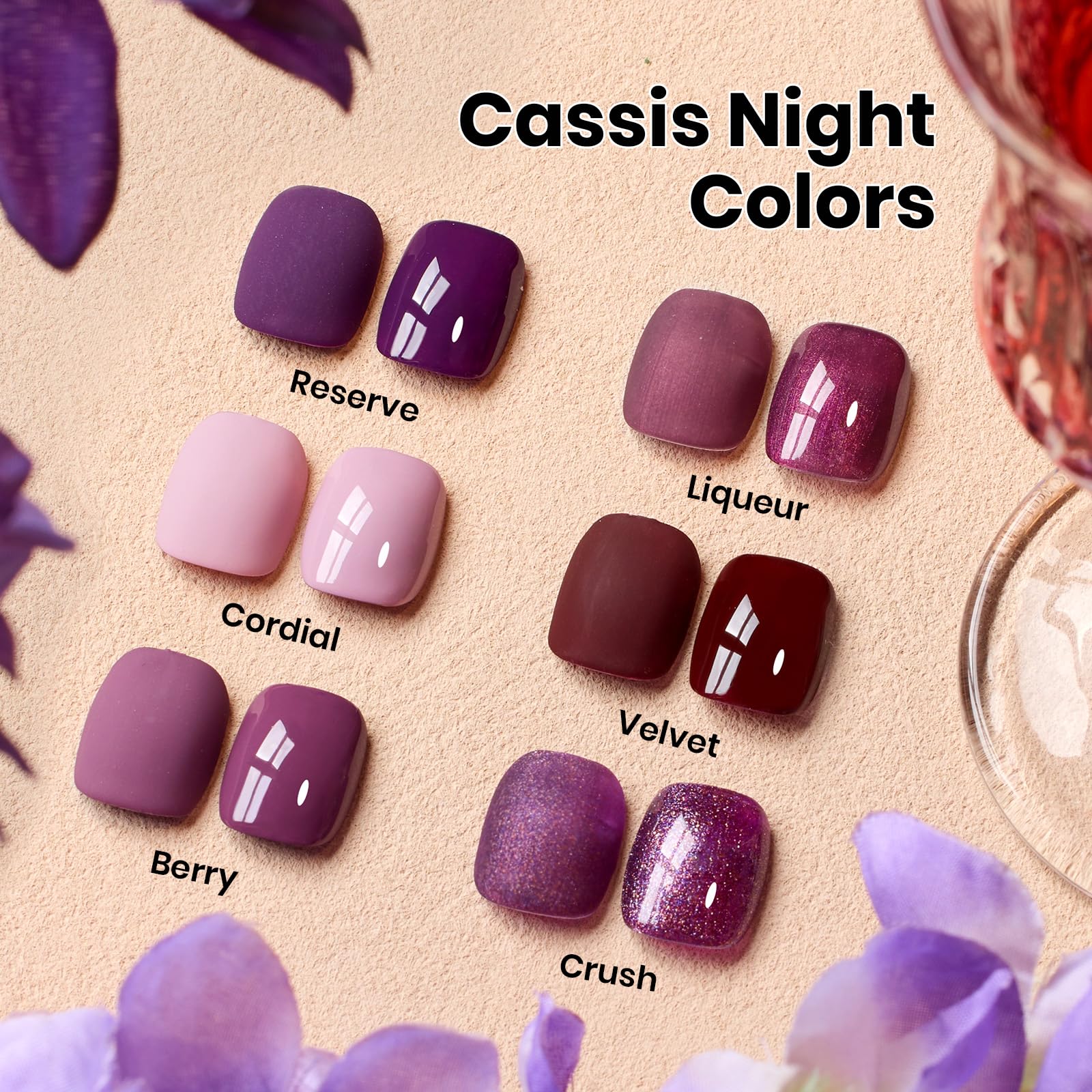 Beetles Purple Gel Polish Set - Cassis Night Collection HEMA-Free - 6 Colors 15ml Dark Purple Glitter Shimmer Color Nails