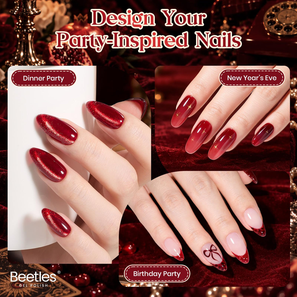 Beetles Red Party Muse 6 Colors Glitter Jelly & Cat Eye Gel Polish Set 9ML Burgundy Cherry Wine
