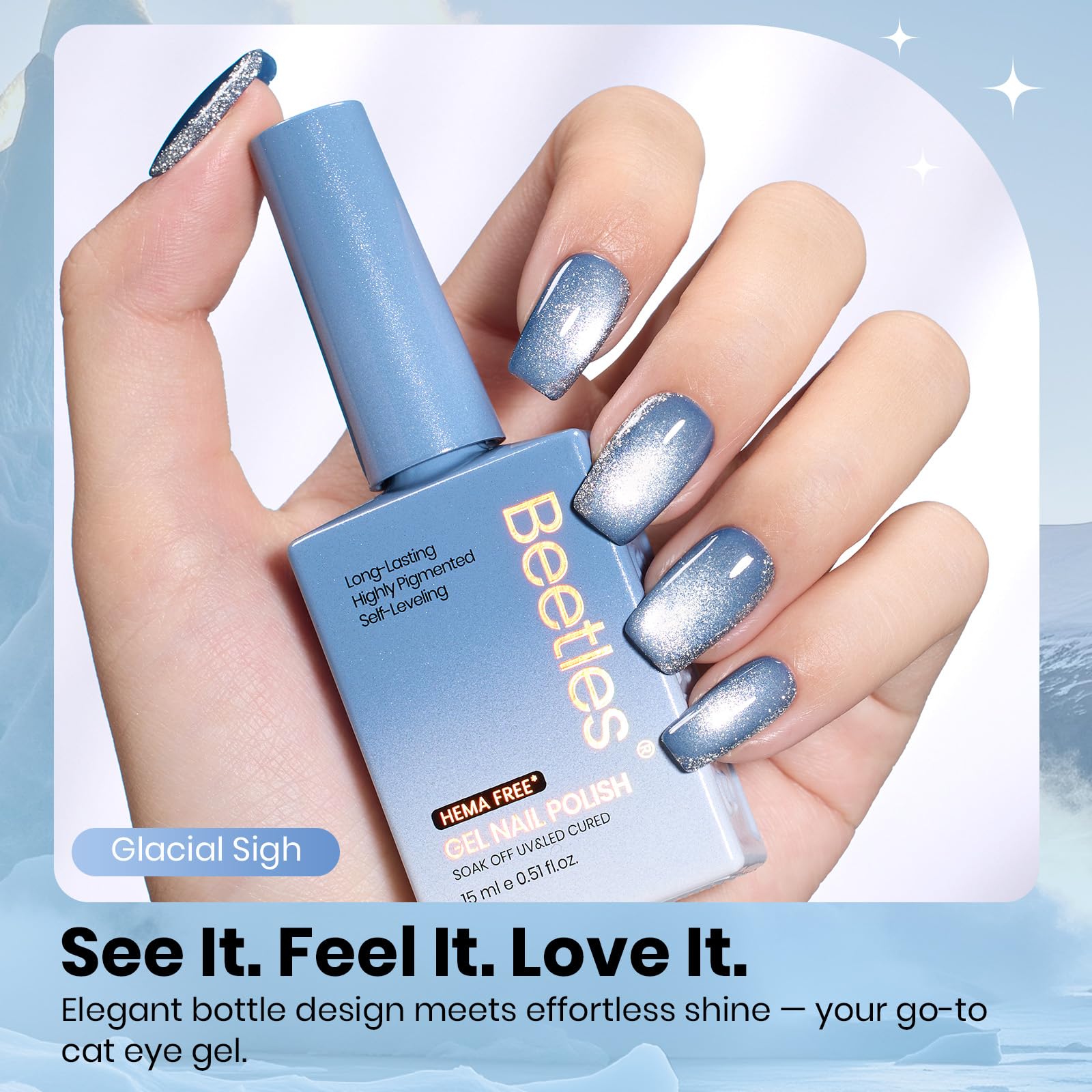 Beetles Glacial Sigh HEMA FREE Gel Nail Polish - 15ML Glassy Blue Glitter Cat Eye Gel Polish