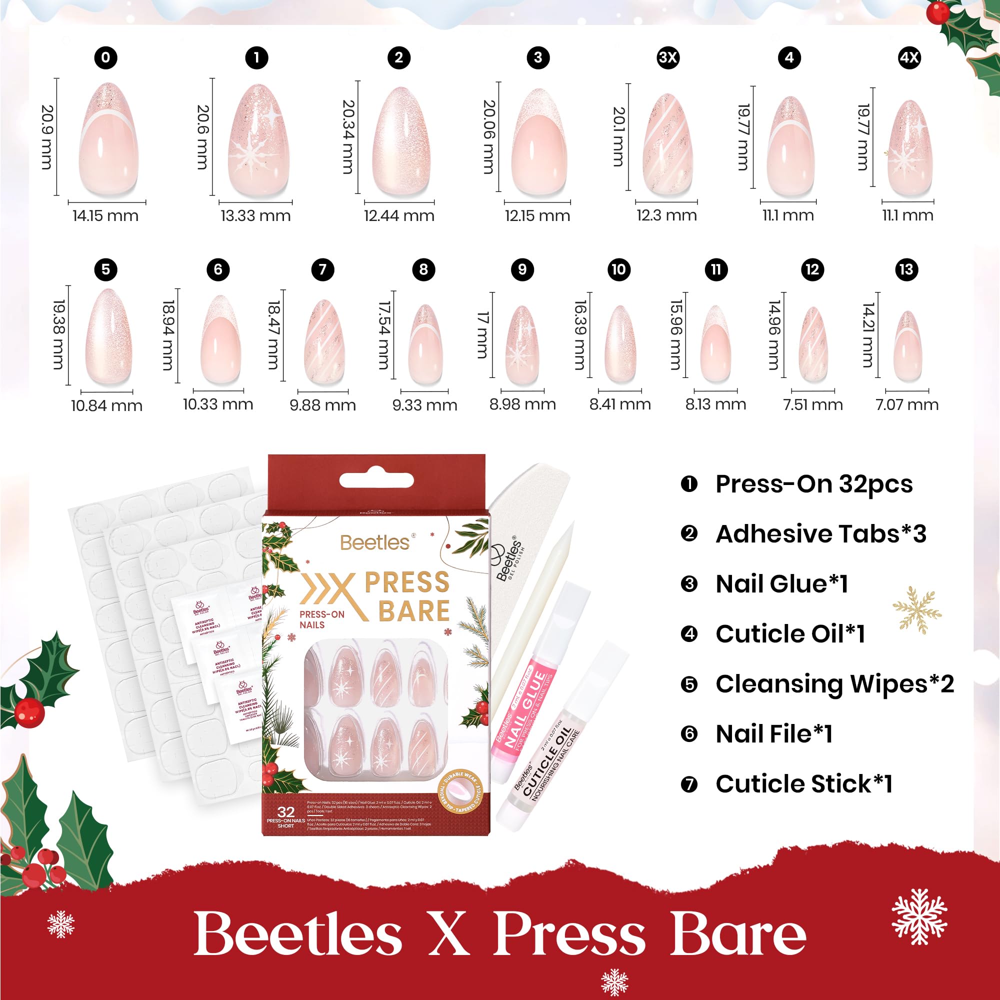 Beetles Press On Nails Christmas Snow - 32Pcs 16 Sizes Short Almond Press On Nails