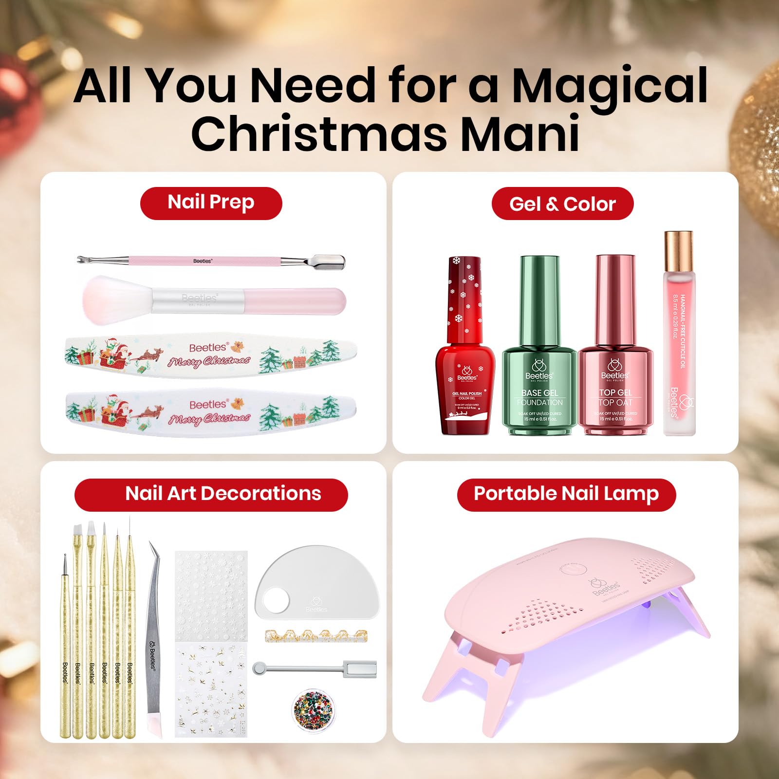 Beetles 27Pcs Christmas Gel Nail Kit Gifts - 6 Colors Red Gold Cat Eye Glitter Merry Glitz Gel Nail Polish Kit