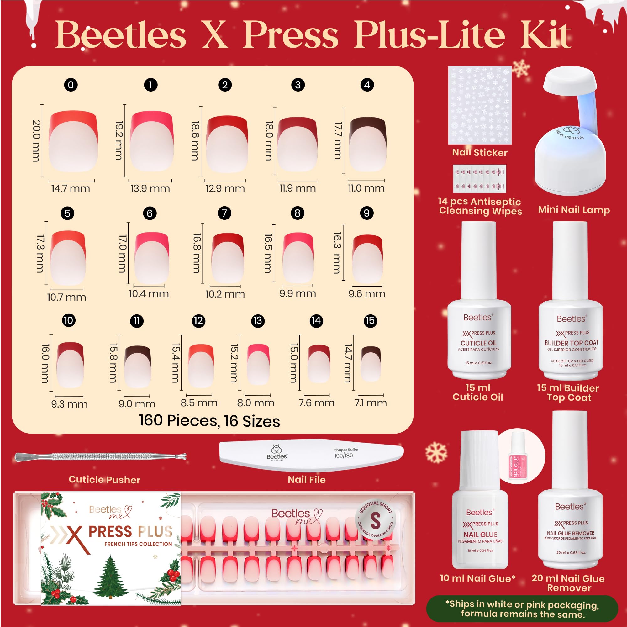 Beetles X Press Plus Red French Tip Nails Crimson French - 5 Colors Christmas Press On Nails Short Square 160Pcs 16 Sizes