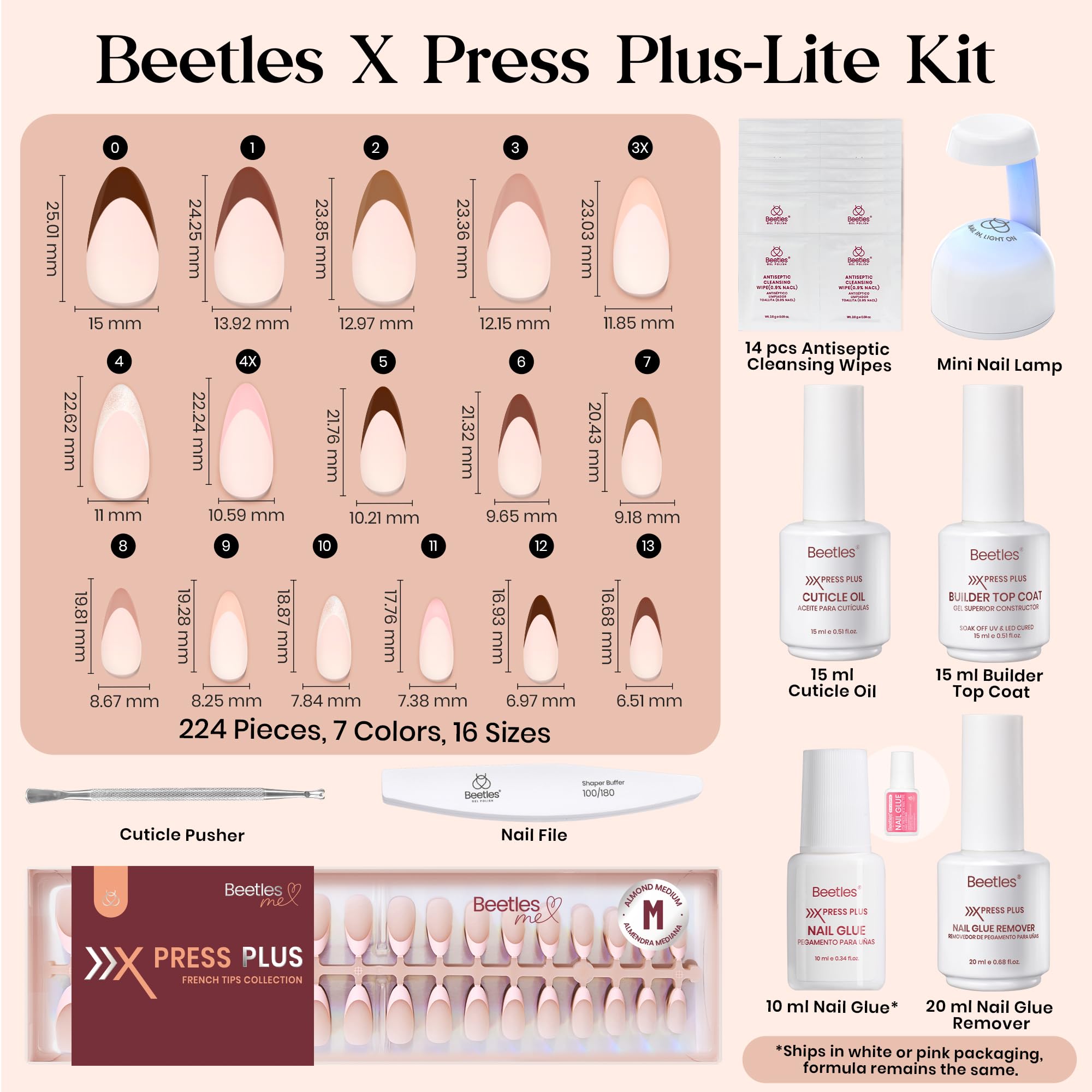 Beetles Press On Nails Kit - Nails Cappuccino Mousse French  224Pcs 16 Sizes 7 Colors Medium Almond French Tip Press On Nails