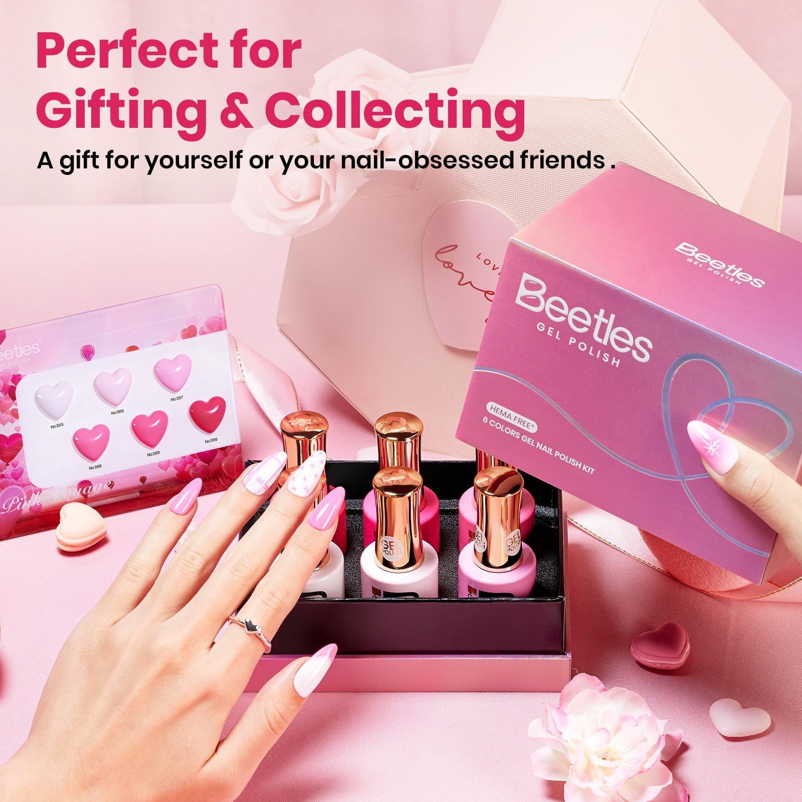 Beetles Pink Gel Polish Set - Spring Nails Pinks Escape 15ML, 6 Colors Hema Free Pink Gel Nail Polish Set