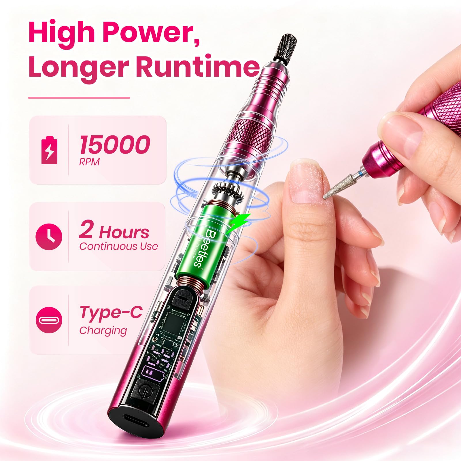 Beetles Electric Cordless Nail Drill Kit 6 Drill Bit 35 Speeds 0-15000 RPM Beginner-Friendly Pink Color