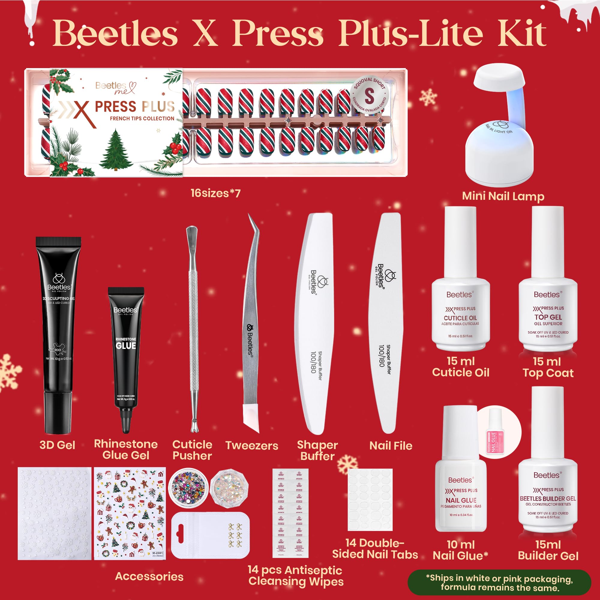 Beetles X Press Plus Gel Nails Kit Christmas Glitz - 7 Desgin Christmas Press On Nails Short Square 224Pcs 16 Sizes