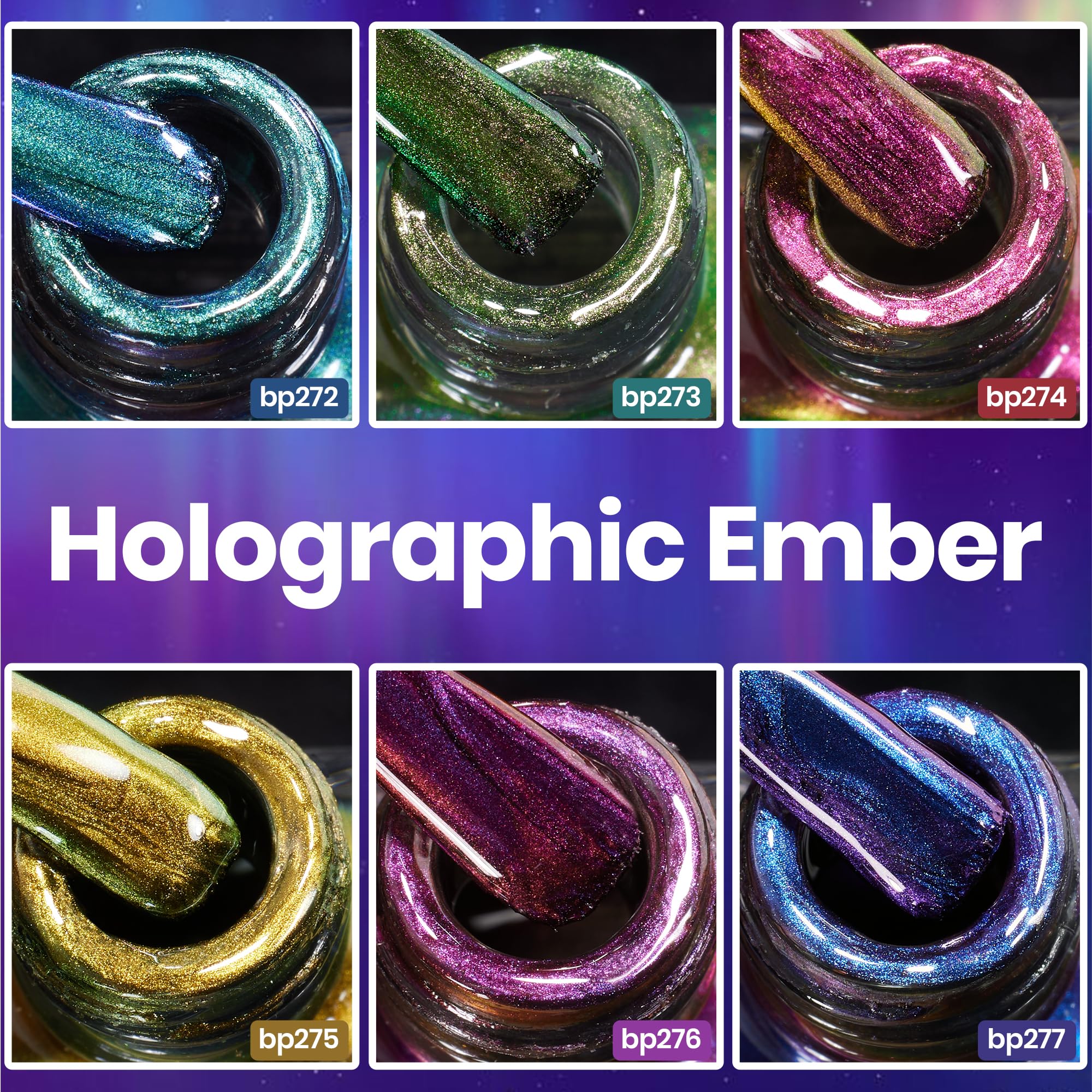 Beetles Chrome Nail Polish Set - Spring Nails Chameleon Holographic Ember 6 Colors Air Quick Fast Dry Metallic Nail Polish