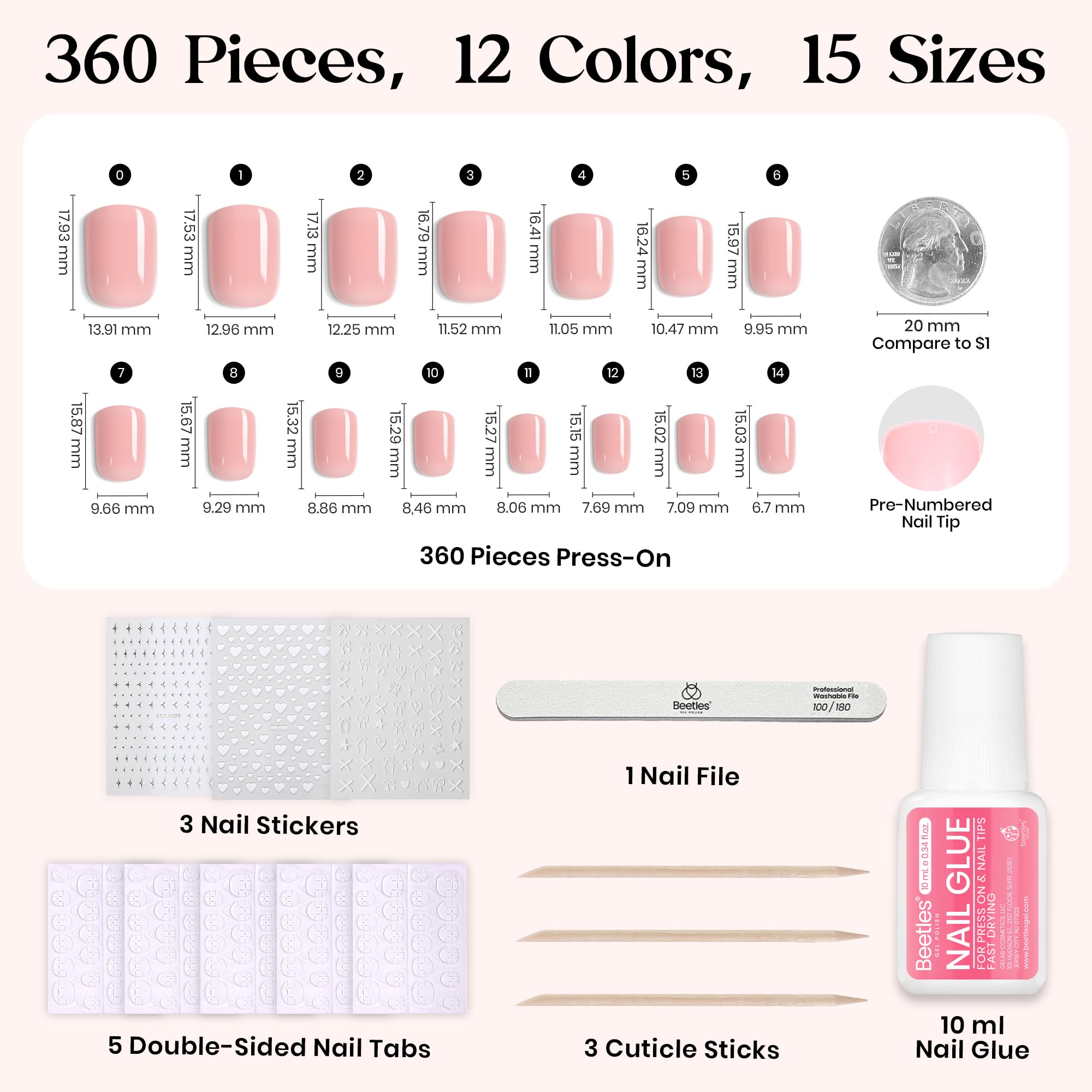 Beetles Press On Nails Kit - Caramel Drift | 360Pcs 12 Colors Short Square Press On Nails