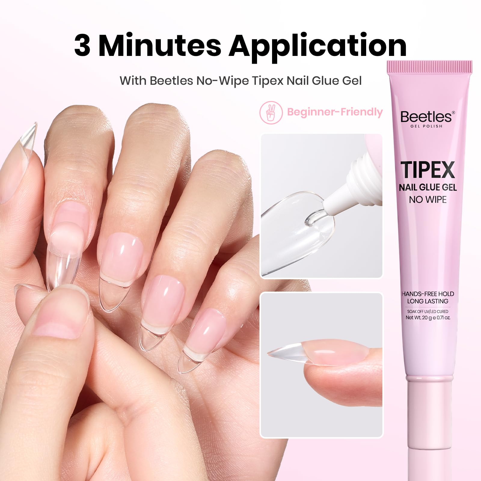 Beetles 20g Tipex Nail Glue Gel, No Wipe & No-Need-to-Hold, Designed for Tipex Instant Apex Nail Tips