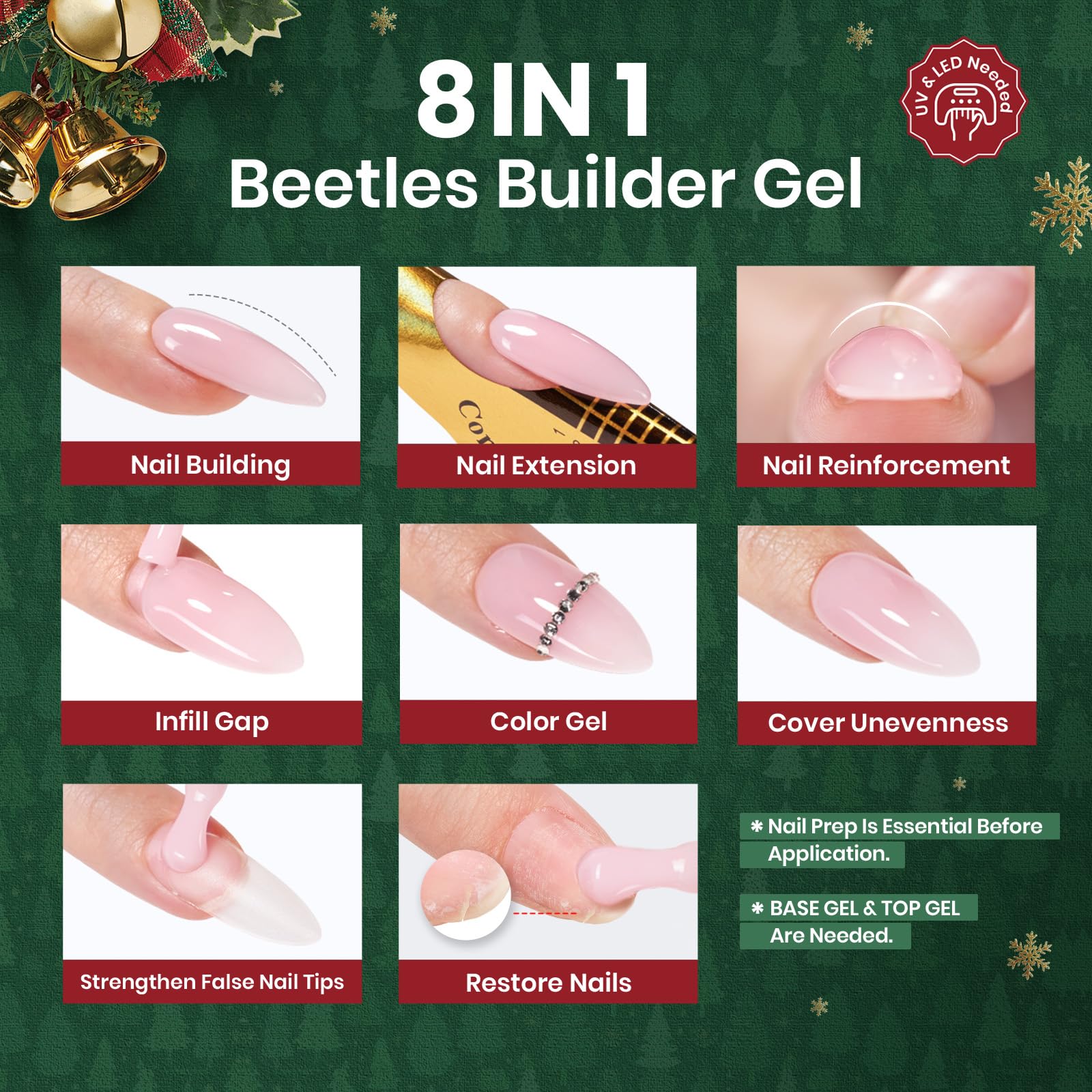 Beetles Christmas Builder Gel Kit HEMA Free-Enchanted Night 8 in 1 Nail Thickening Strengthening Building Apex