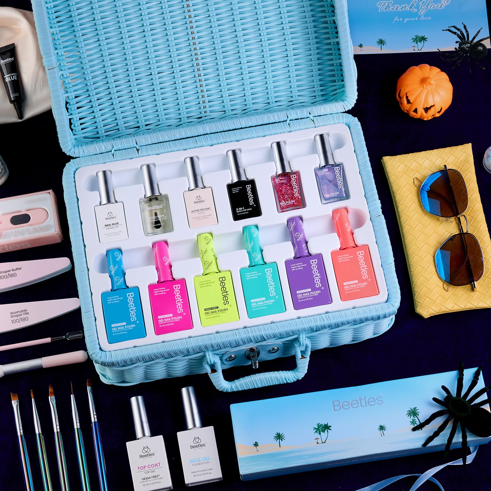 Beetles Halloween Gel Nail Polish Set 39Pcs Colorful Bottle Set Free Pinic Basket Perfect Gift Beetles Pretty Box