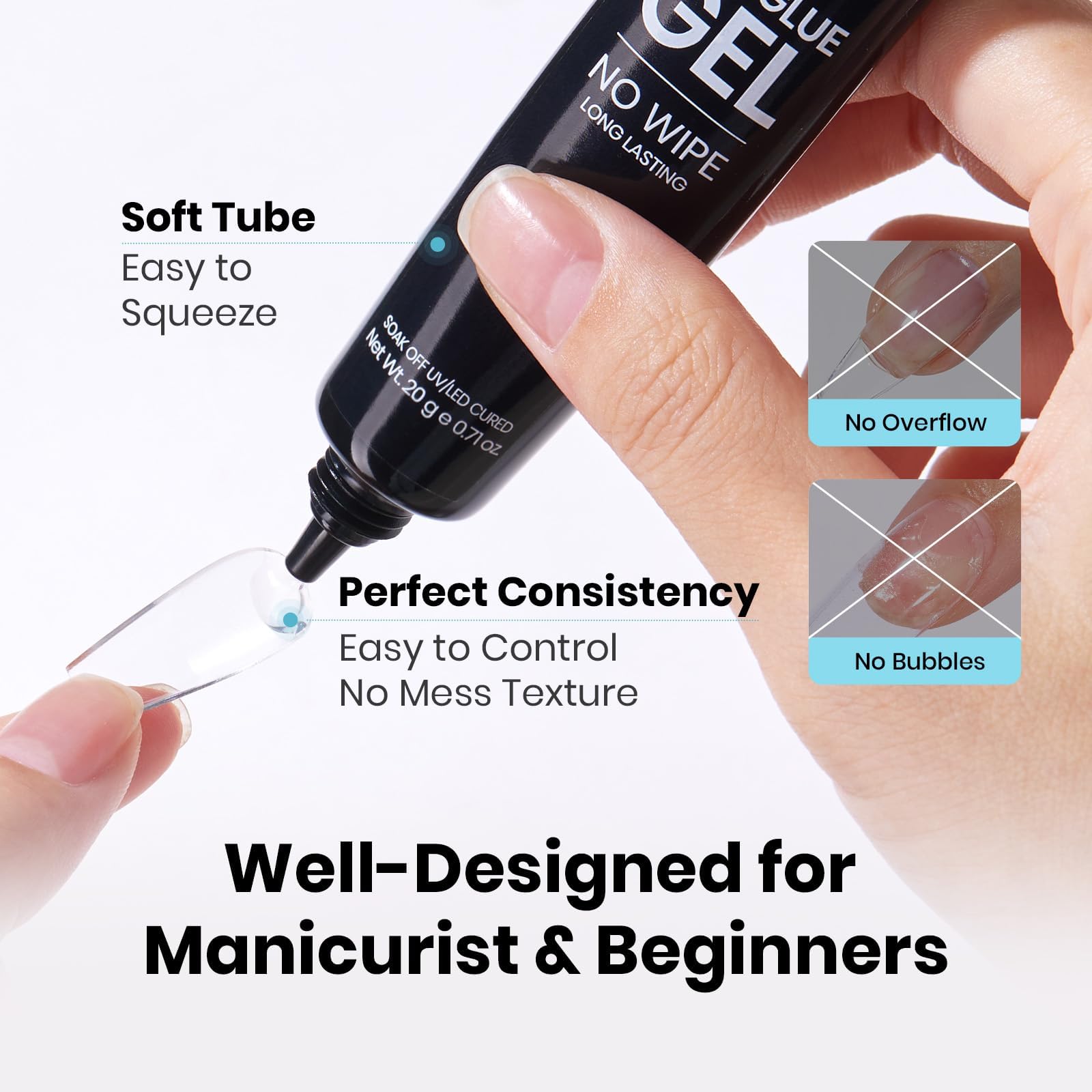 Beetles 2Pcs 20g Nail Glue Gel, No Wipe, Hands-Free Tipex Solid Nail Glue Gel