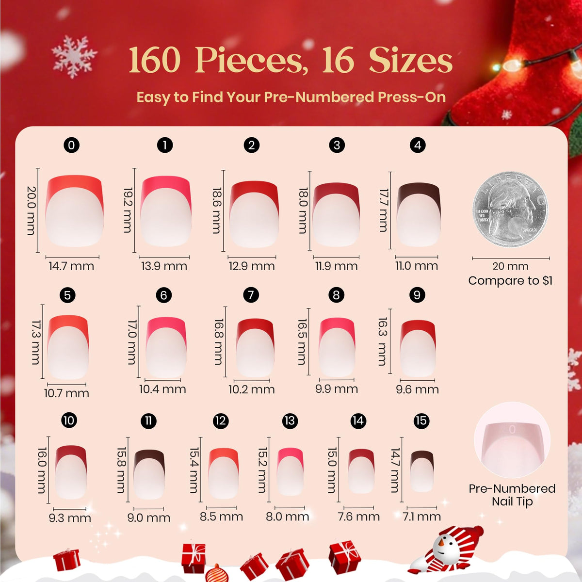 中号杏仁形法式指甲贴 150 片装 15 种尺寸 #005 