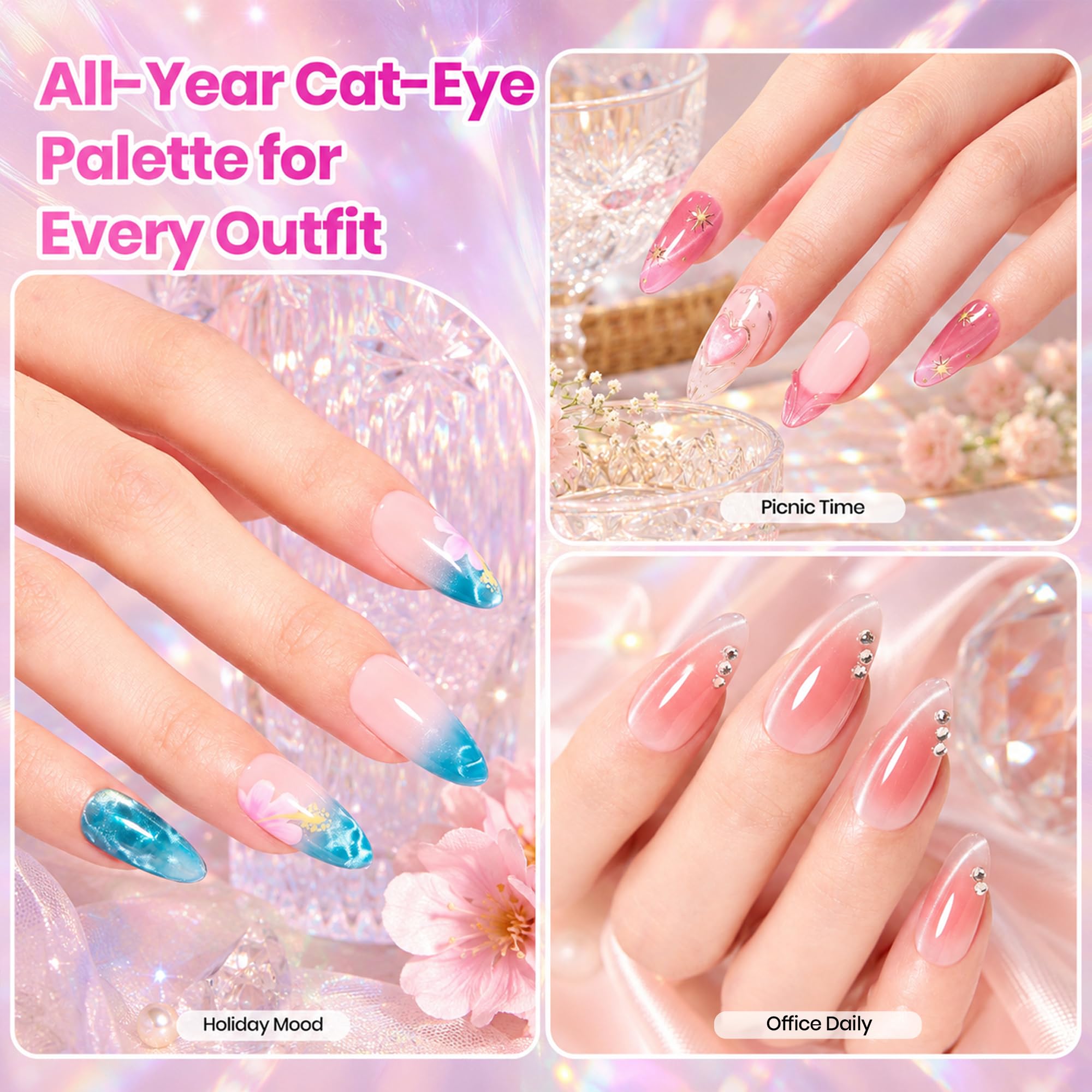Beetles Timeless Gleam Cat Eye 20 Colors Summer Nails Gel Polish Set Glitter With Magnetic Base Matte Glossy Top Coat