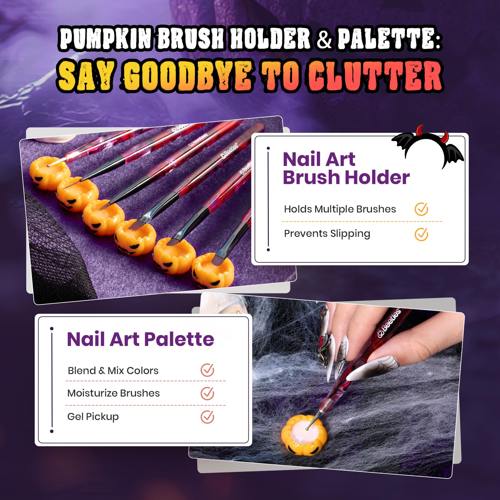 Halloween Nail Art Brushes - 6pcs Nail Art Pens with Pumpkin Palette Holder Halloween Charms
