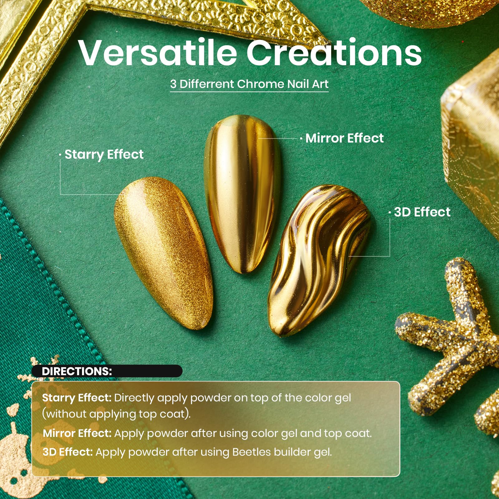 Beetles Chrome Nail Powder Christmas 8 Colors Mirror Effect Gold Silver Holographic Aurora Iridescent Pearl Manicure Nail