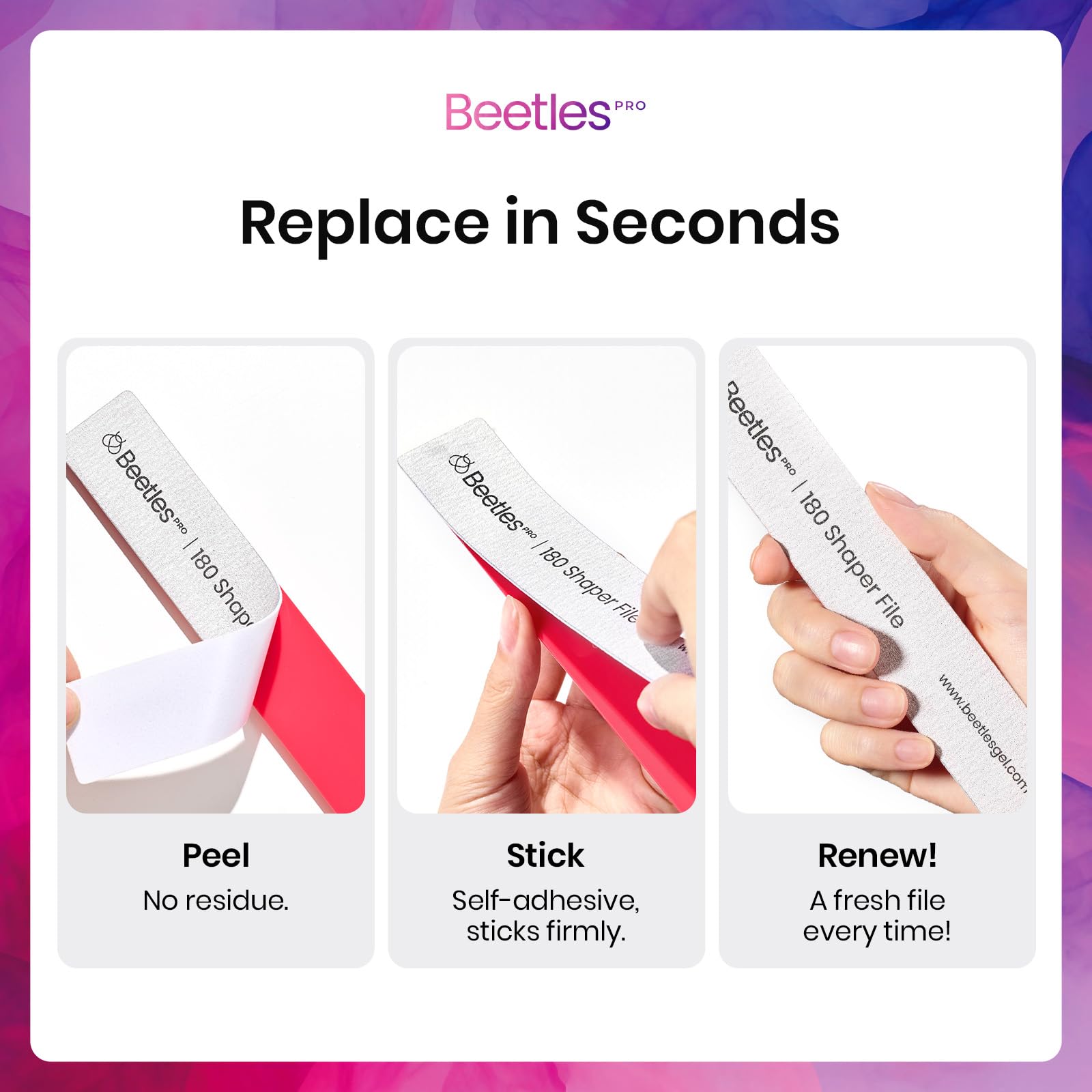 Beetles Pro 3-Pcs Nail File – Professional 1Pcs Reusable Peel and Stick File Core with 2Pcs 100/180 Grit Nail Files