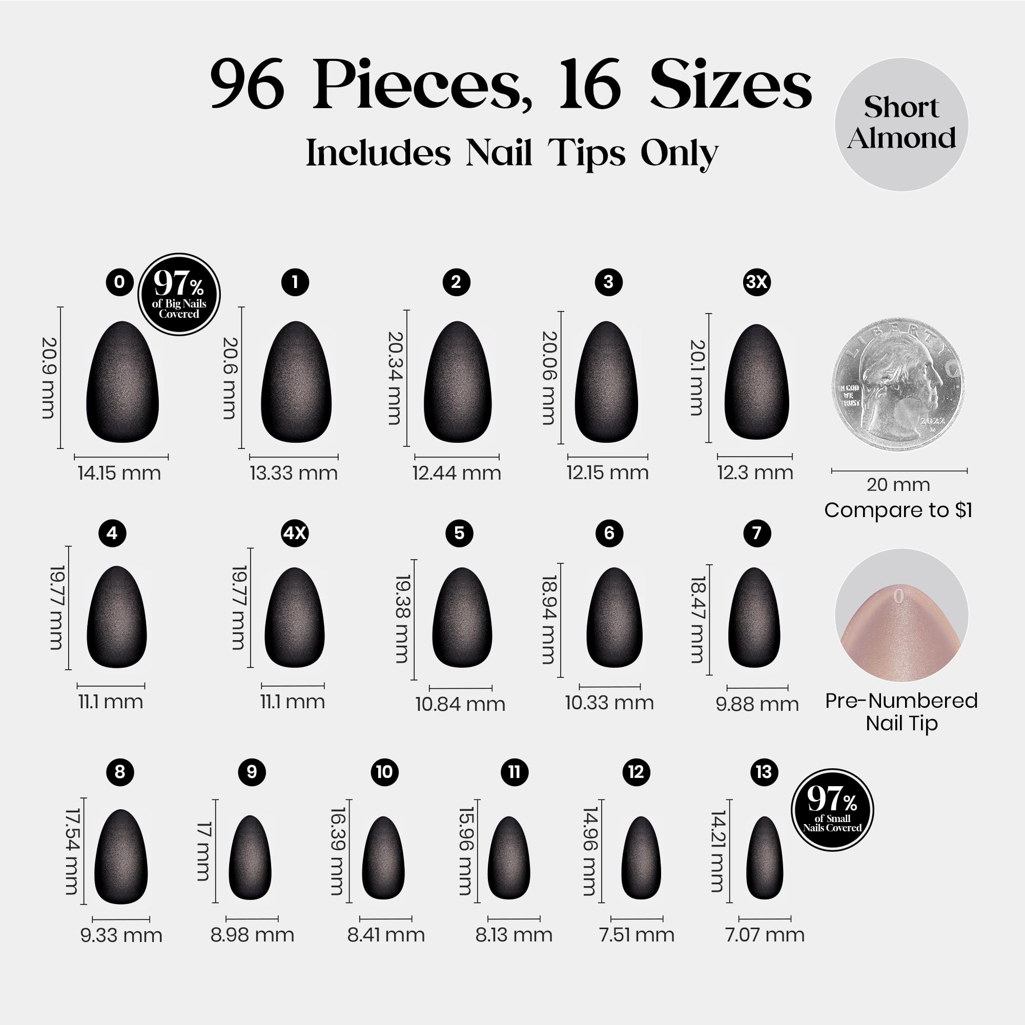 Beetles Pre-designed Cat-Eye tips Black Press On Nails 96 Pcs Matte Short Almond 16 Sizes