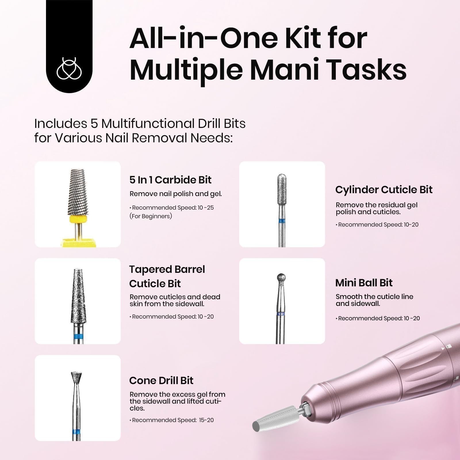 Pink Professional E-file Electric Nail Drill Set-Includes 5 Multifunctional Drill Bits