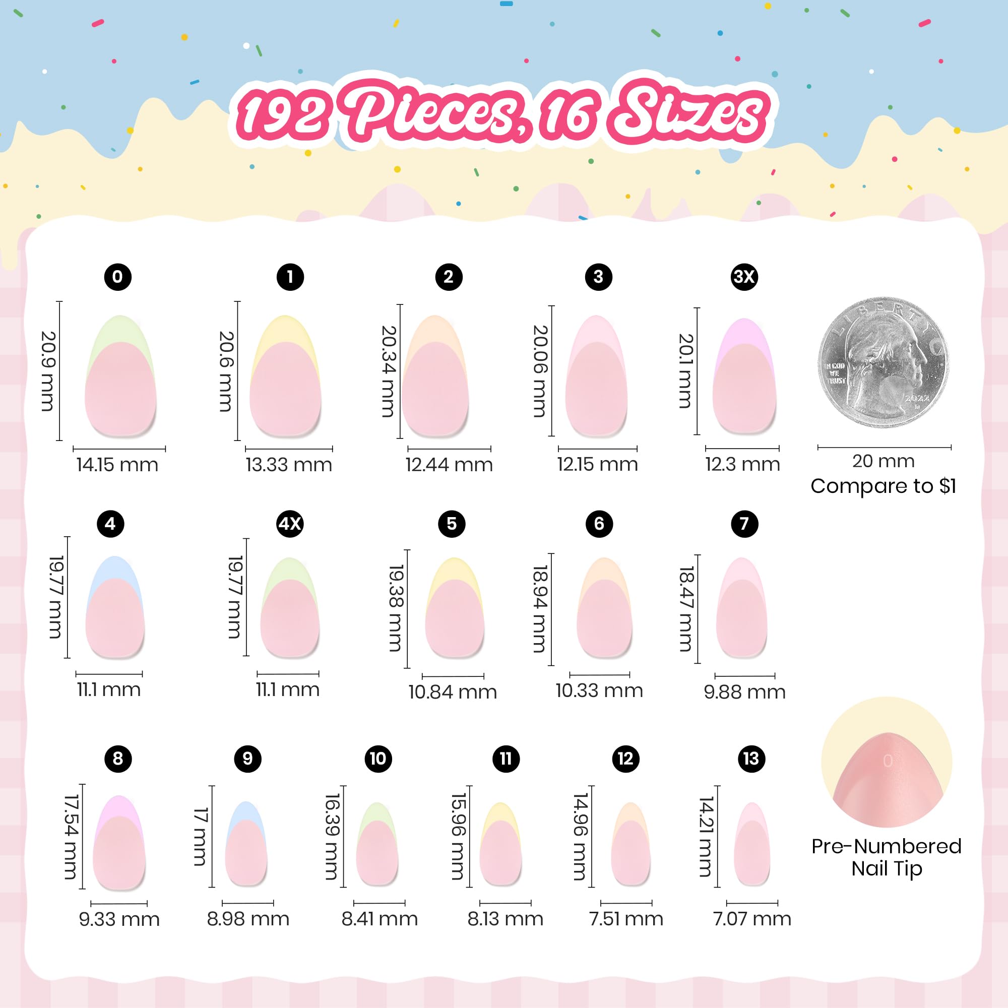 Beetles French Tips Press On Nails, Pastel Spring Nails Short Almond 6 Colors 192 Pcs, Spring Fake Nail Tips
