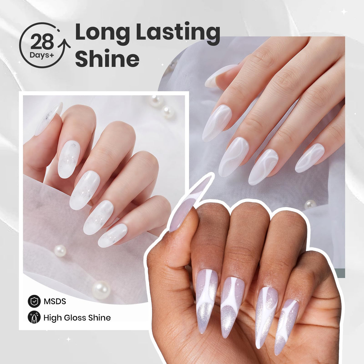 Beetles White Gel Nail Polish Set 6 Colors Milky White Silver Glitter Pearl Cat Eye