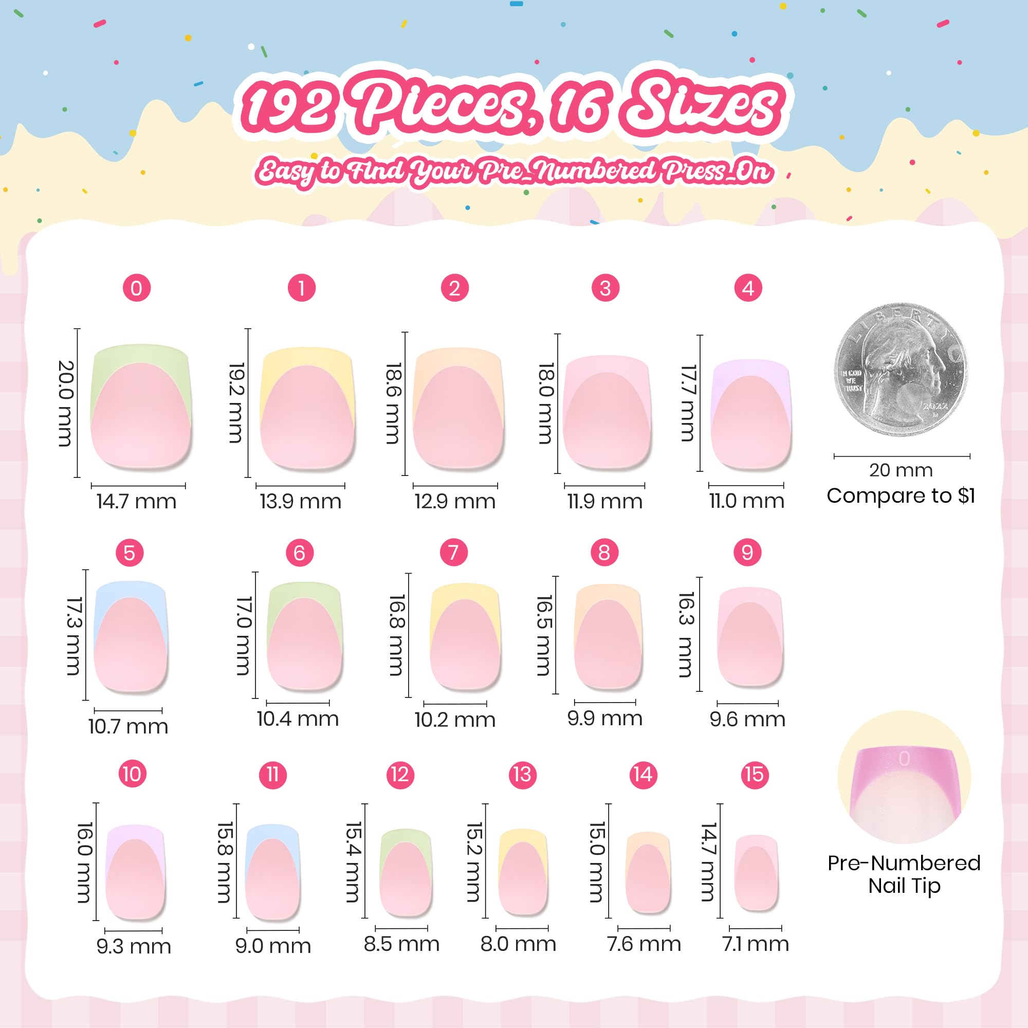 Beetles French Tips Press On Nails, Pastel Spring Nails Short Square 6 Colors 192 Pcs, Spring Fake Nail Tips