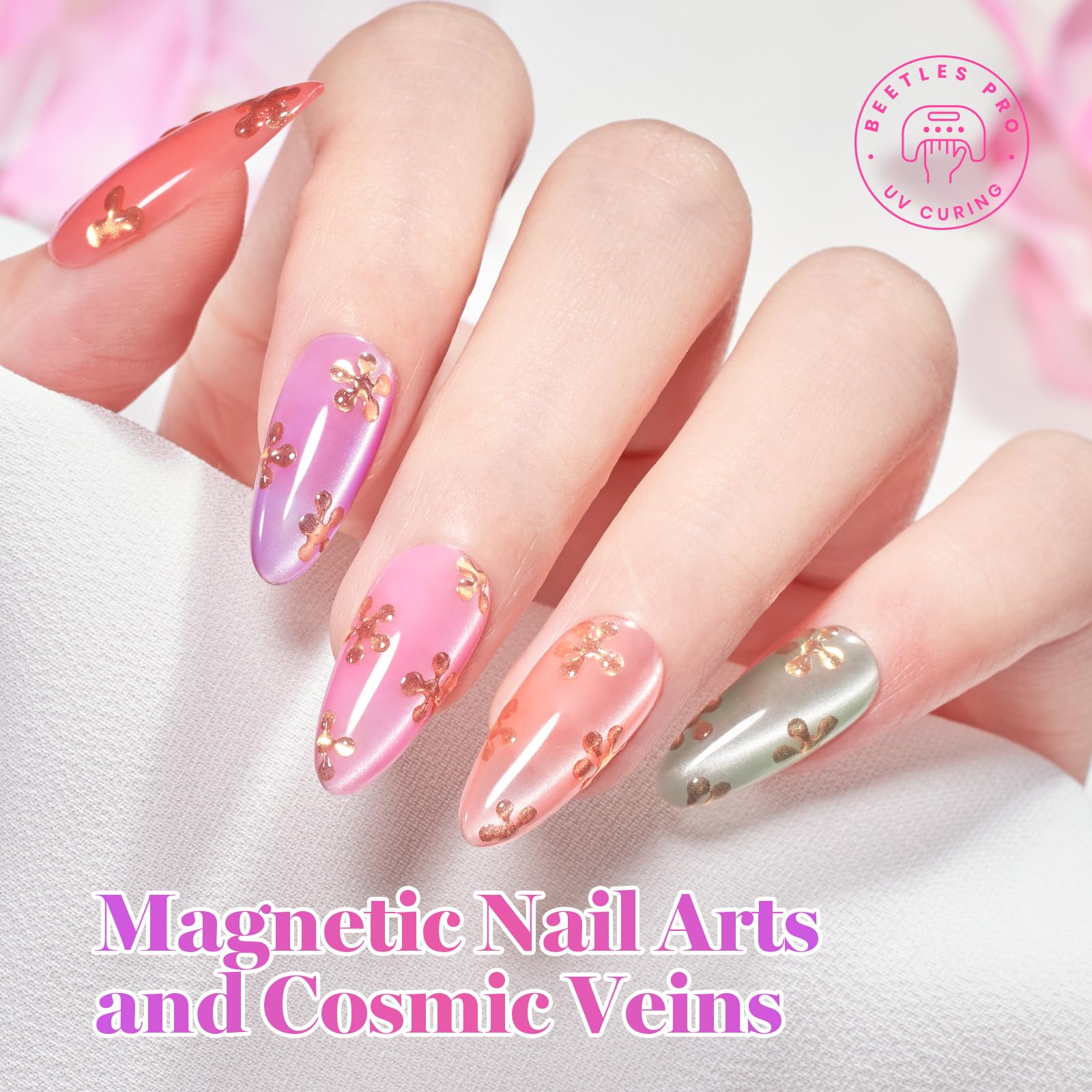Beetles Petal Charm Cat Eye Gel Nail Polish Set - 6 Colors 15ML Spring Gel Polish Kit Glitter Pink Purple Blue Orange Red Green Magnetic Effect