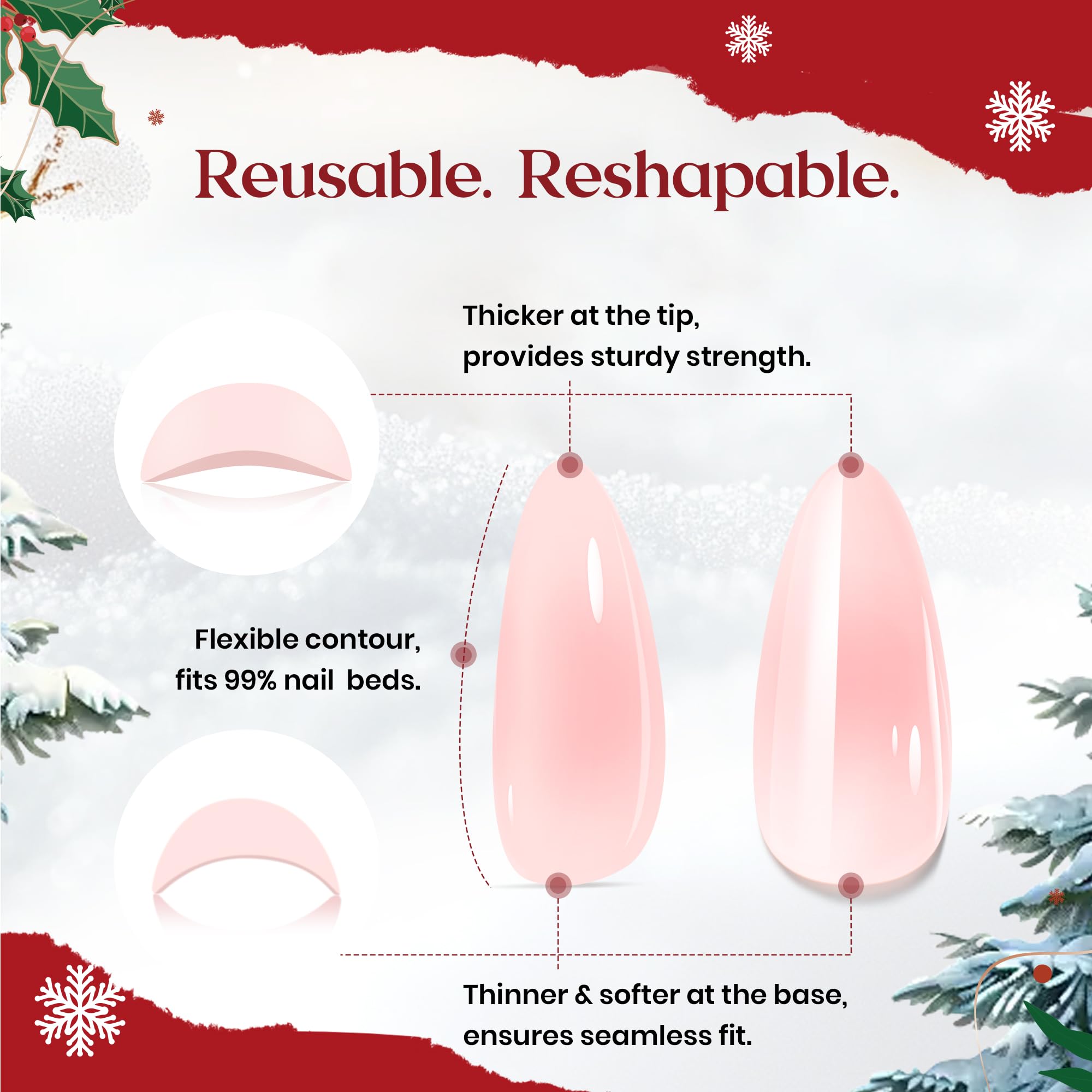 Beetles Christmas Press On Nails - Christmas Bow - 32Pcs 16 Sizes Natural Salon Quality Red French Nail Tip