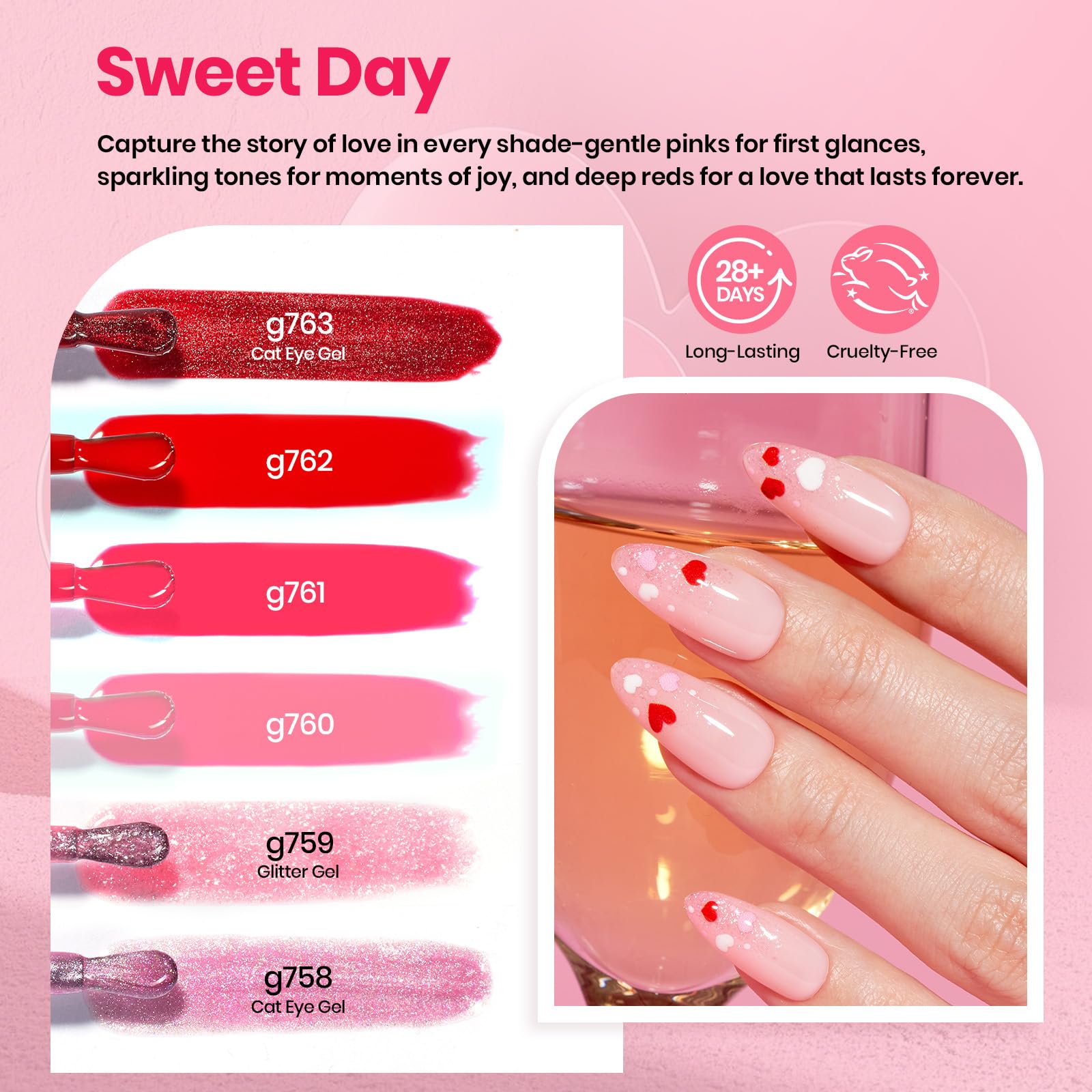 Beetles Gel Nail Starter Kit 6 Colors Red Cat Eye Gel Pink Jelly Glitter 30 Pcs All-in-One Mani Kit