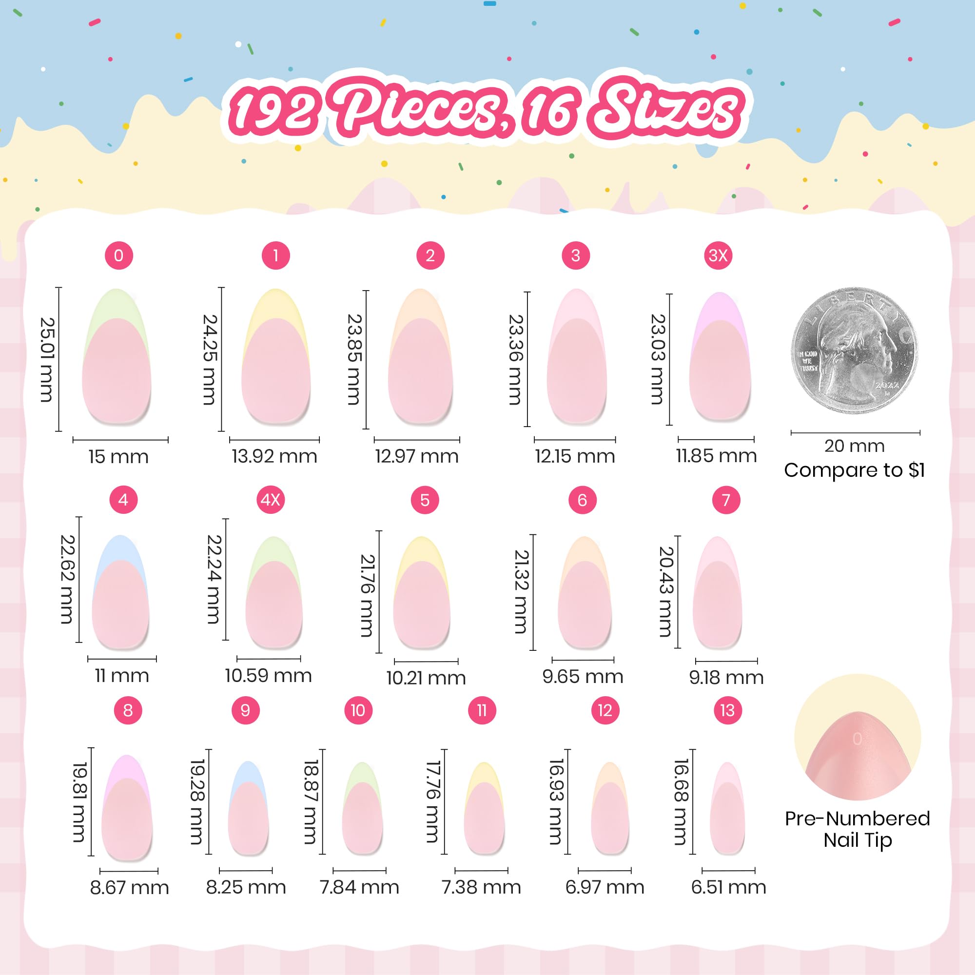 Beetles French Tips Press On Nails, Pastel Spring Nails Medium Almond 6 Colors 192 Pcs, Spring Fake Nail Tips