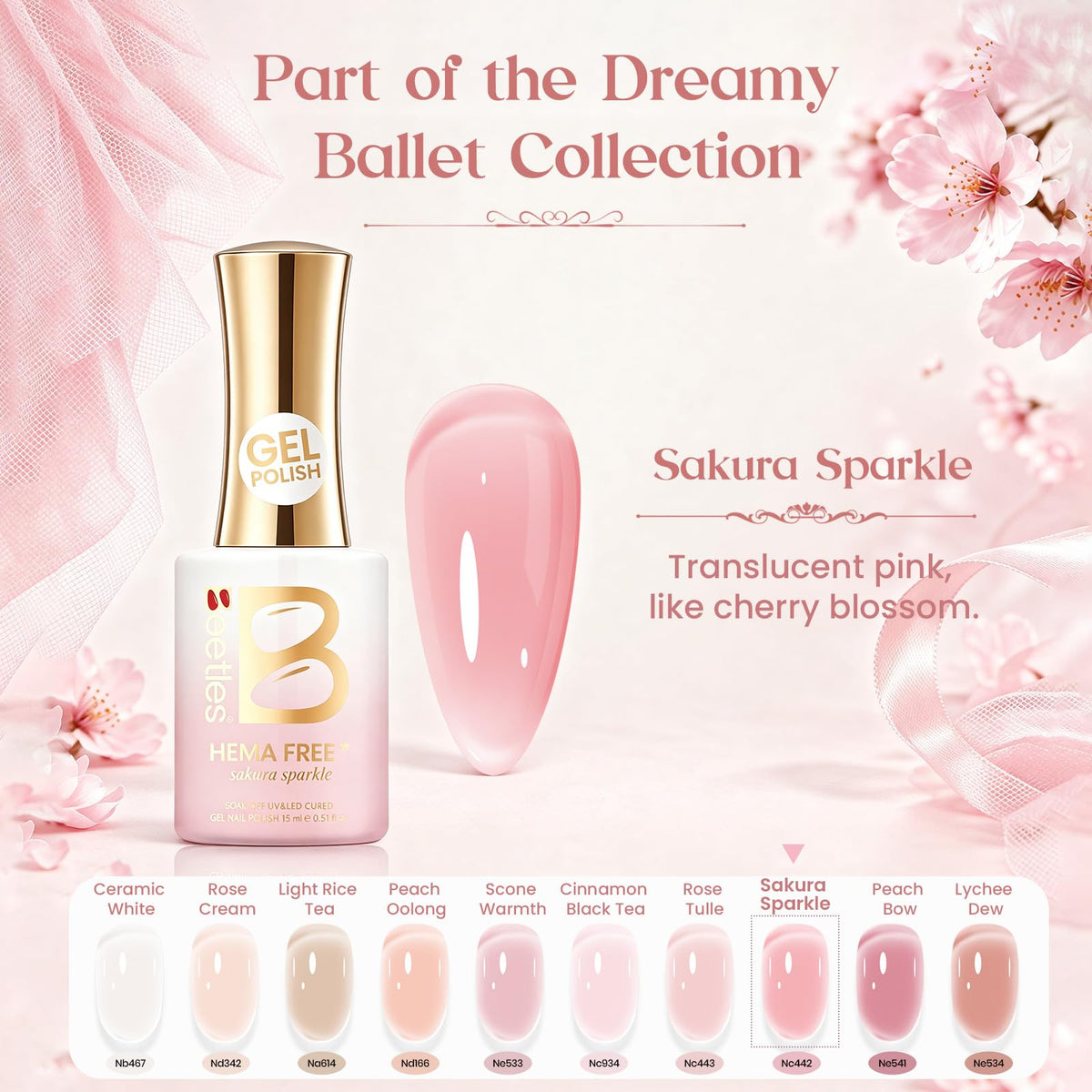 Beetles Nude Pink Gel Nail Polish Sakura Sparkle 15ML Neutral Jelly Pink