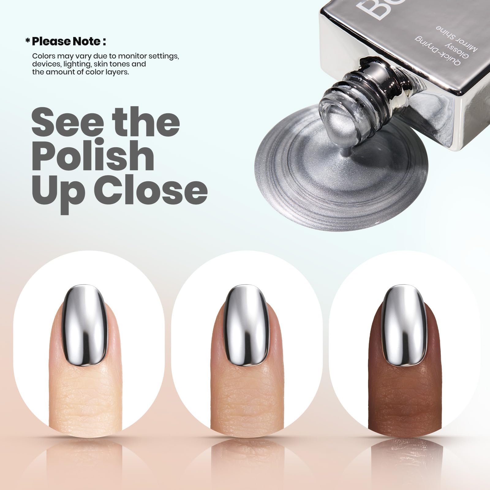 Beetles Silver Mirror Nail Polish - Chrome Glint 15ml Quick Dry Metallic Nail Polish Chrome Mirror Effect High Glossy