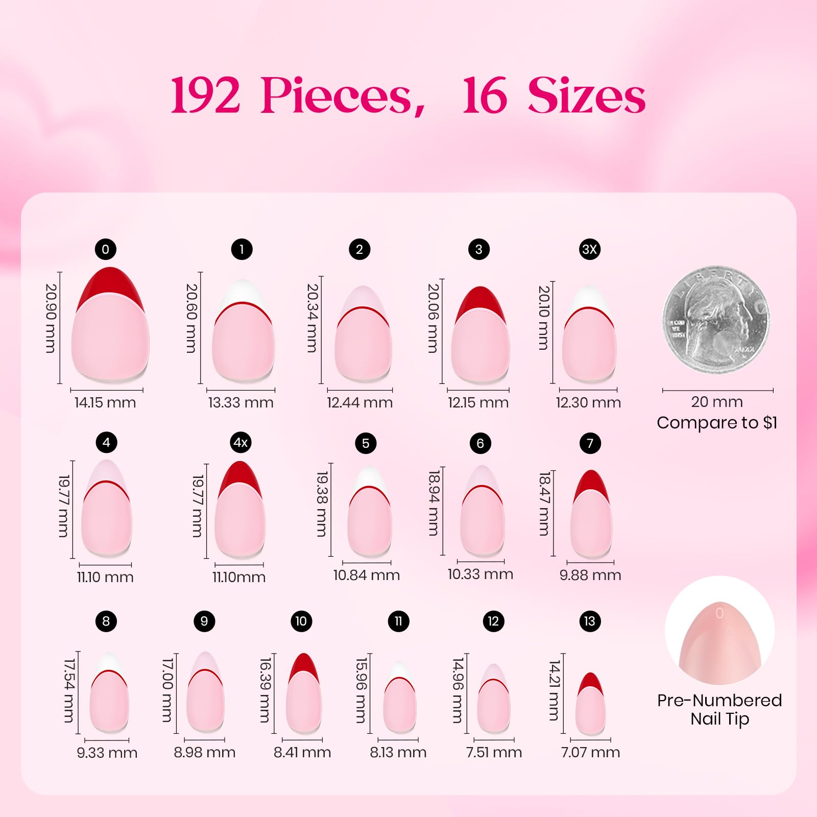 Beetles Valentine Nails Press Romantic Dream - 192 Pcs 16 Sizes 3 Colors Short Almond French Tip Press On Nails