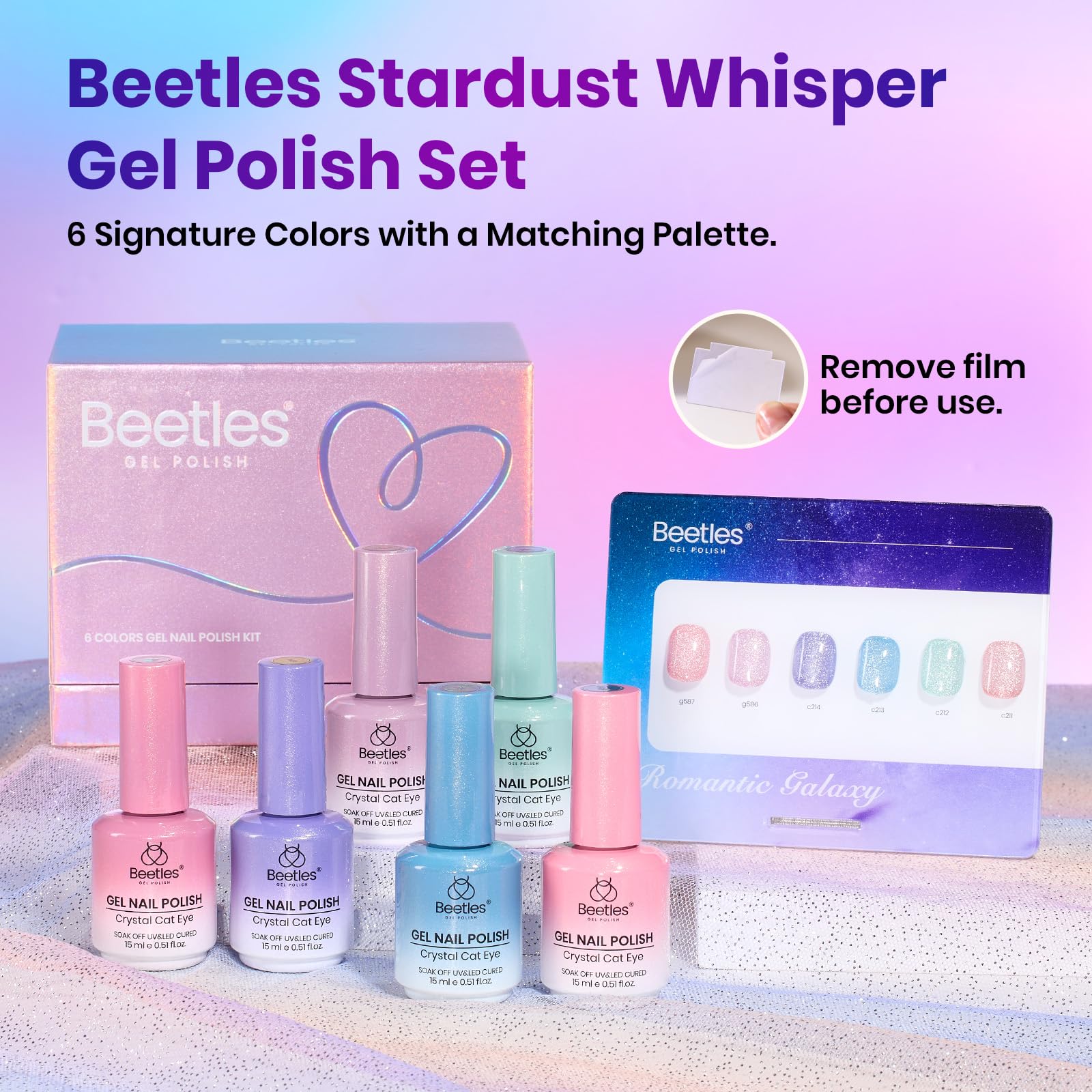 Beetles Gel Nail Polish Summer Nails Stardust Whisper 6 Colors 15ML Pink Blue Purple Cat Eye Glitter Velvet Gel Magnet