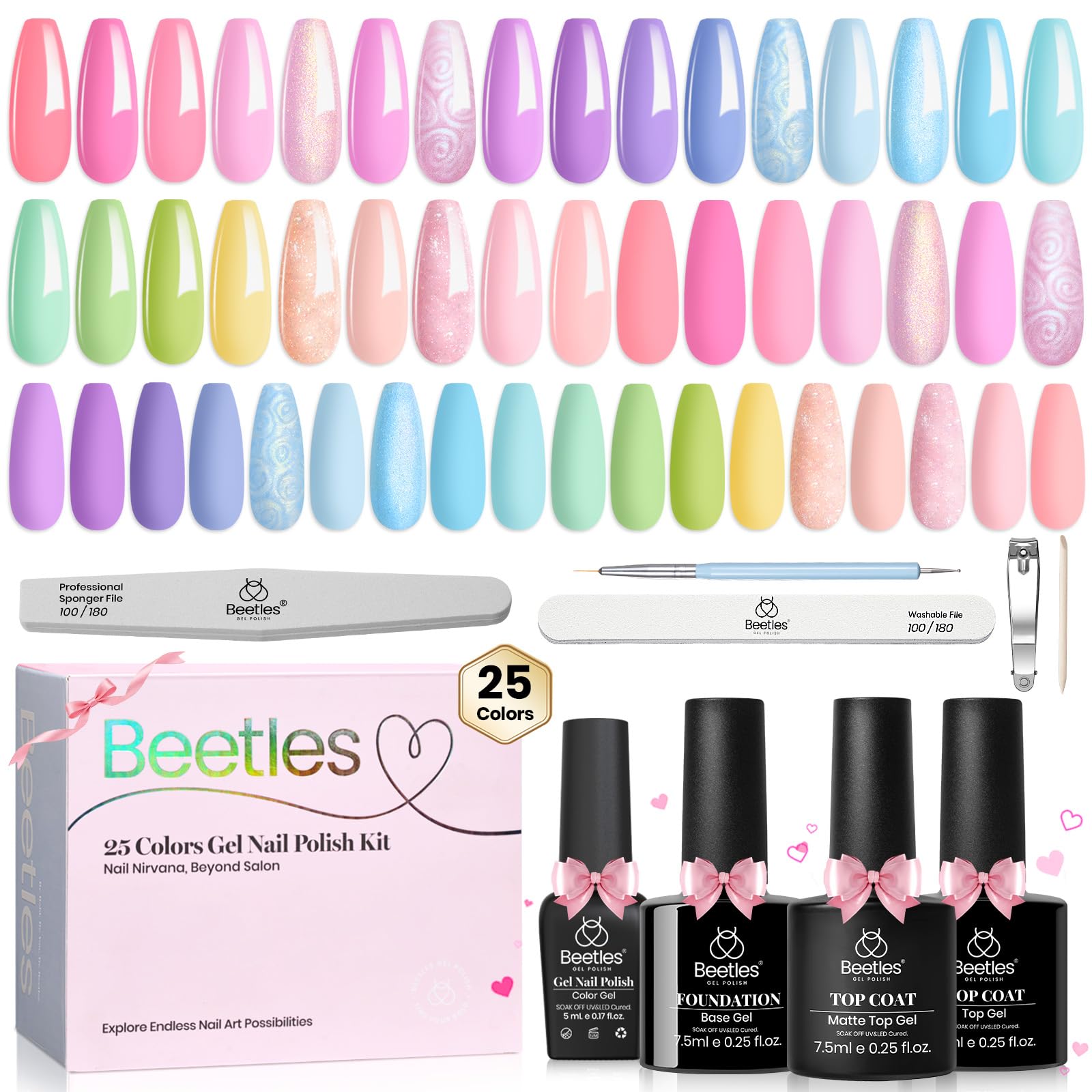 Beetles Pastel Gel Polish Set - Rainbow Dreamscape 25 Colors Spring Gel Polish Kit with Base Coat&Top Coat