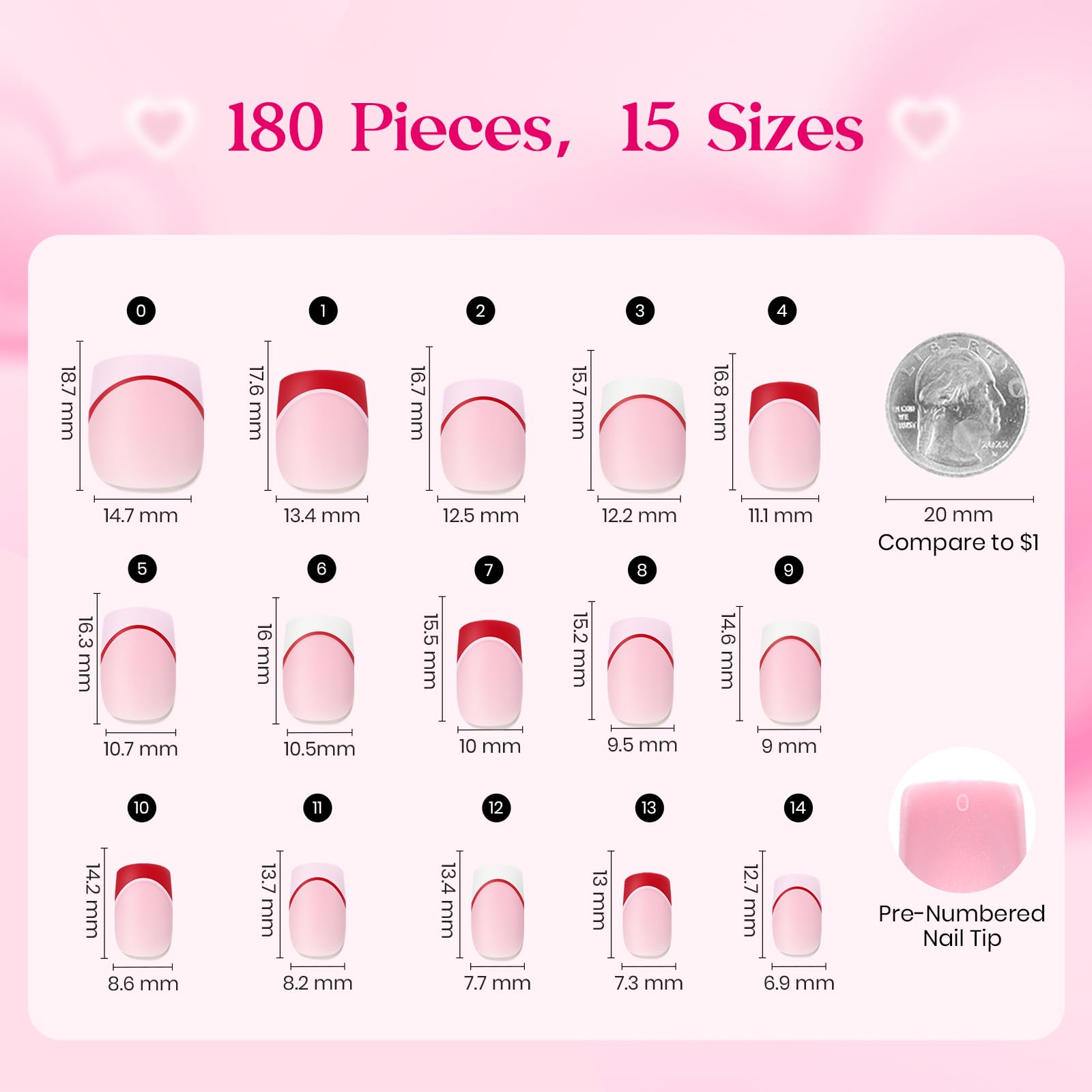 Beetles Valentine Nails Heart Whisper - 15 Sizes 180 Pcs 3 Colors Short Square French Tip Press On Nails