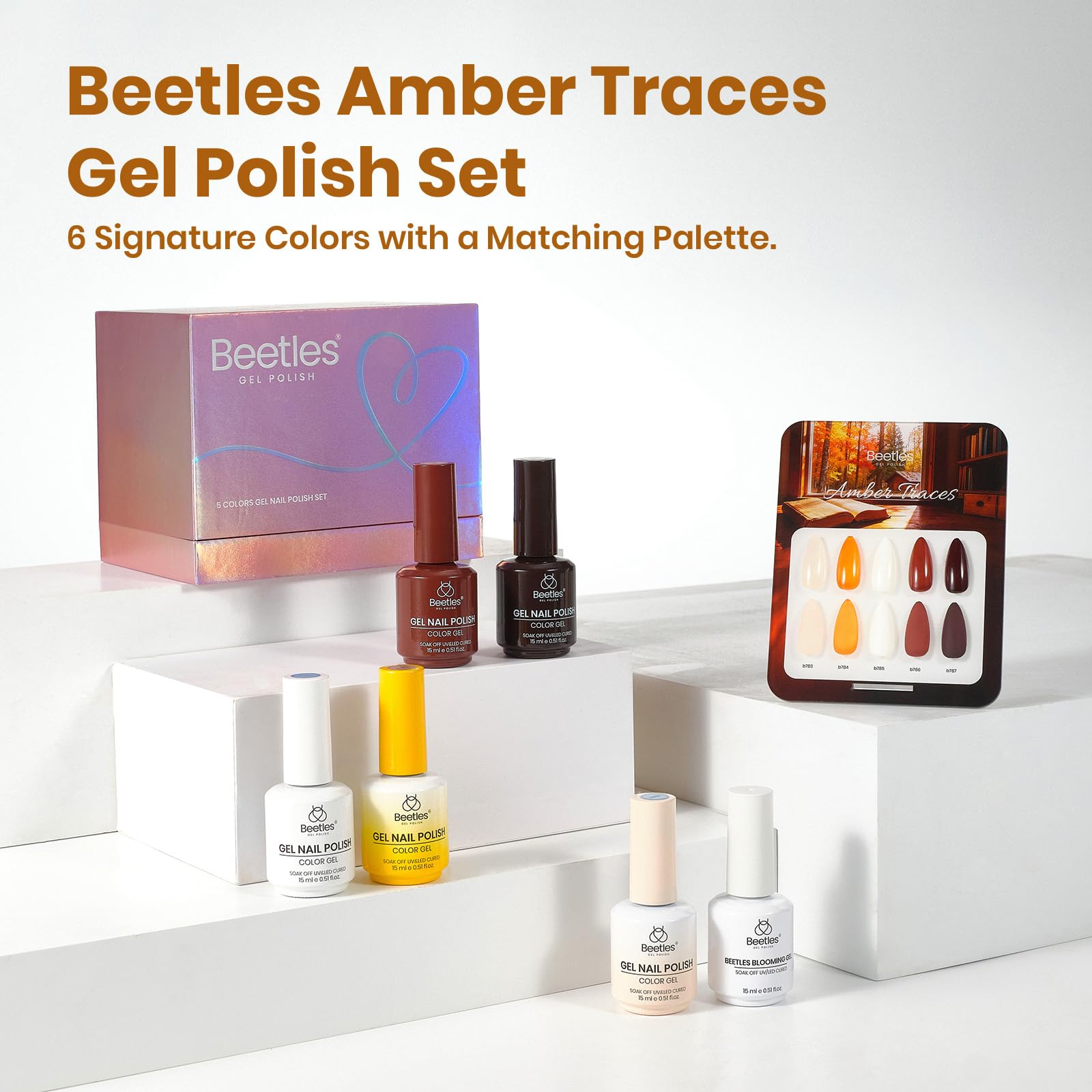 Beetles Gel Nail Polish Amber Traces 5 Colors Set 15ML White Jelly Nude Brown with 1 Bottle Blooming Gel