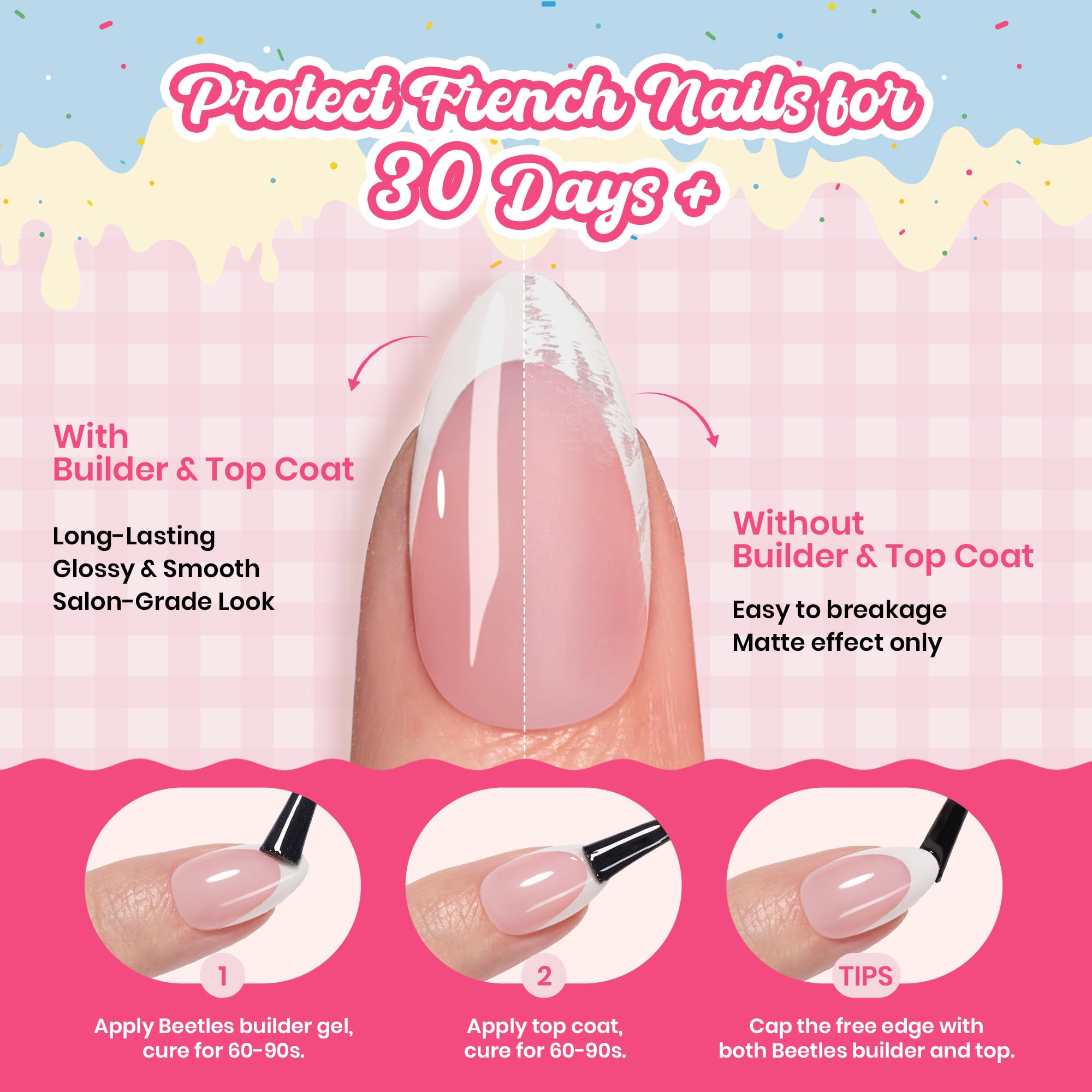 Beetles French Tips Press On Nails, Pastel Spring Nails Medium Almond 6 Colors 192 Pcs, Spring Fake Nail Tips