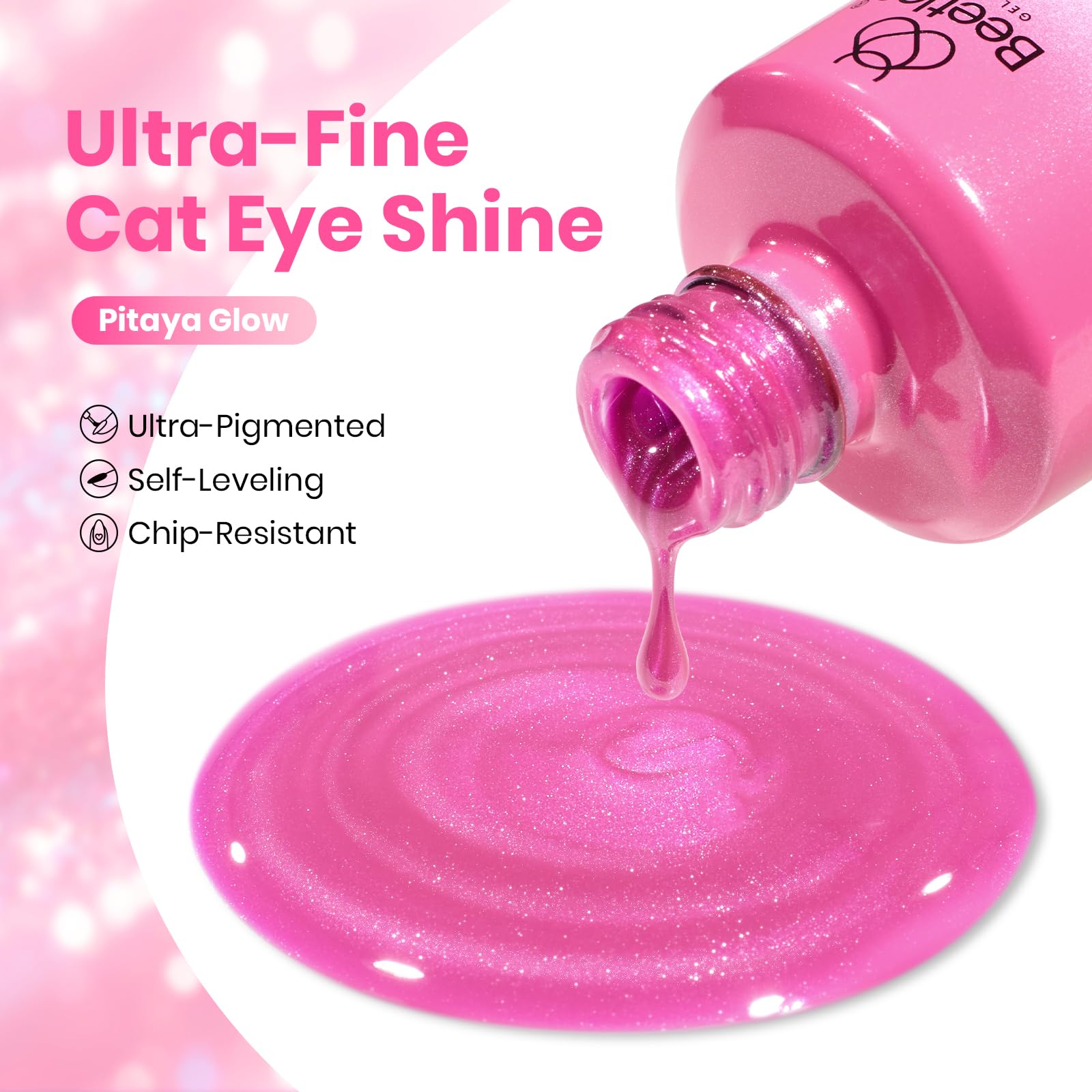 Beetles Pitaya Glow Pink Cat Eye Gel Nail Polish - 15ML Glitter Pink Cat Eye Spring Gel Polish Magnetic Shimmer