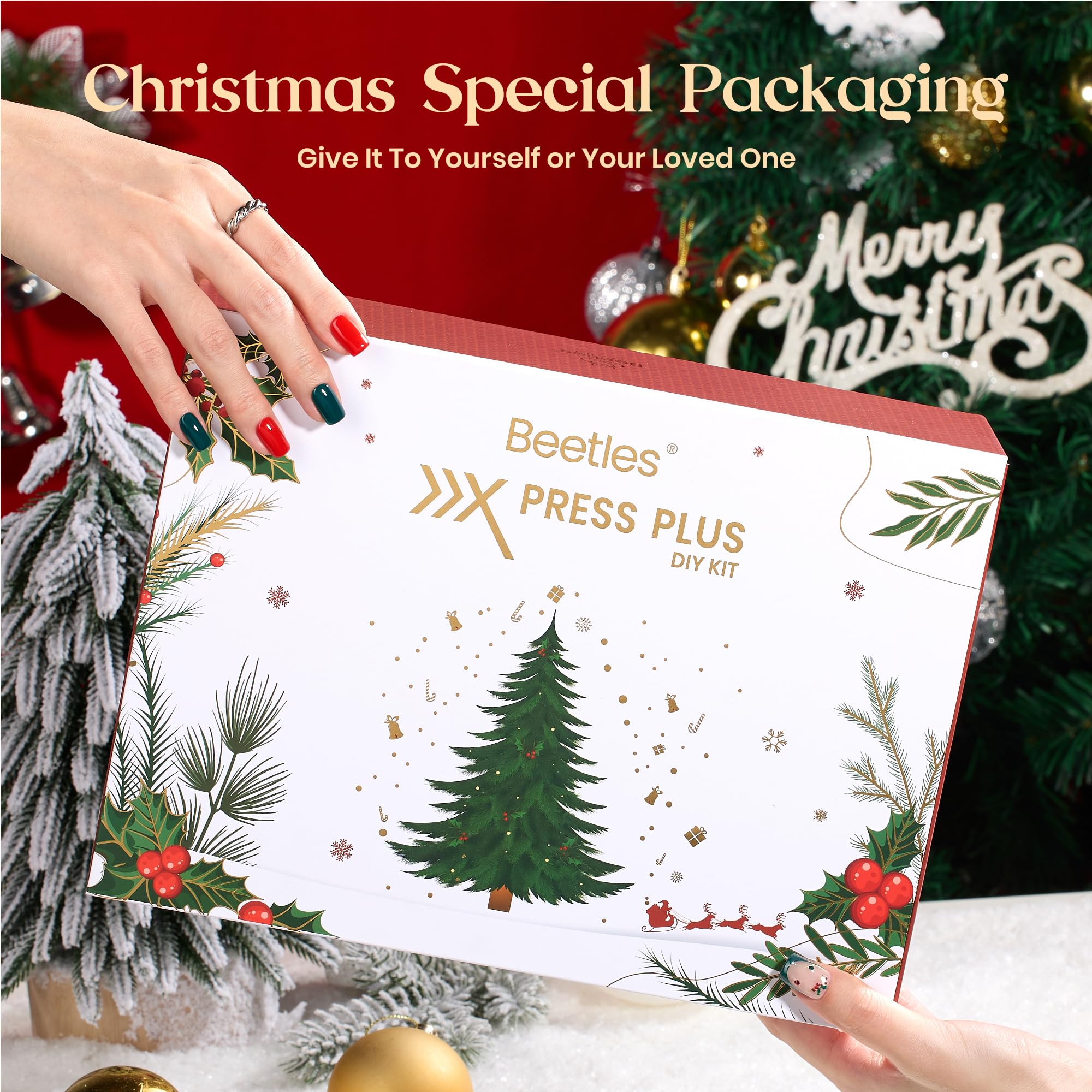 Beetles X Press Plus Gel Nails Kit Christmas Glitz - 7 Desgin Christmas Press On Nails Short Square 224Pcs 16 Sizes