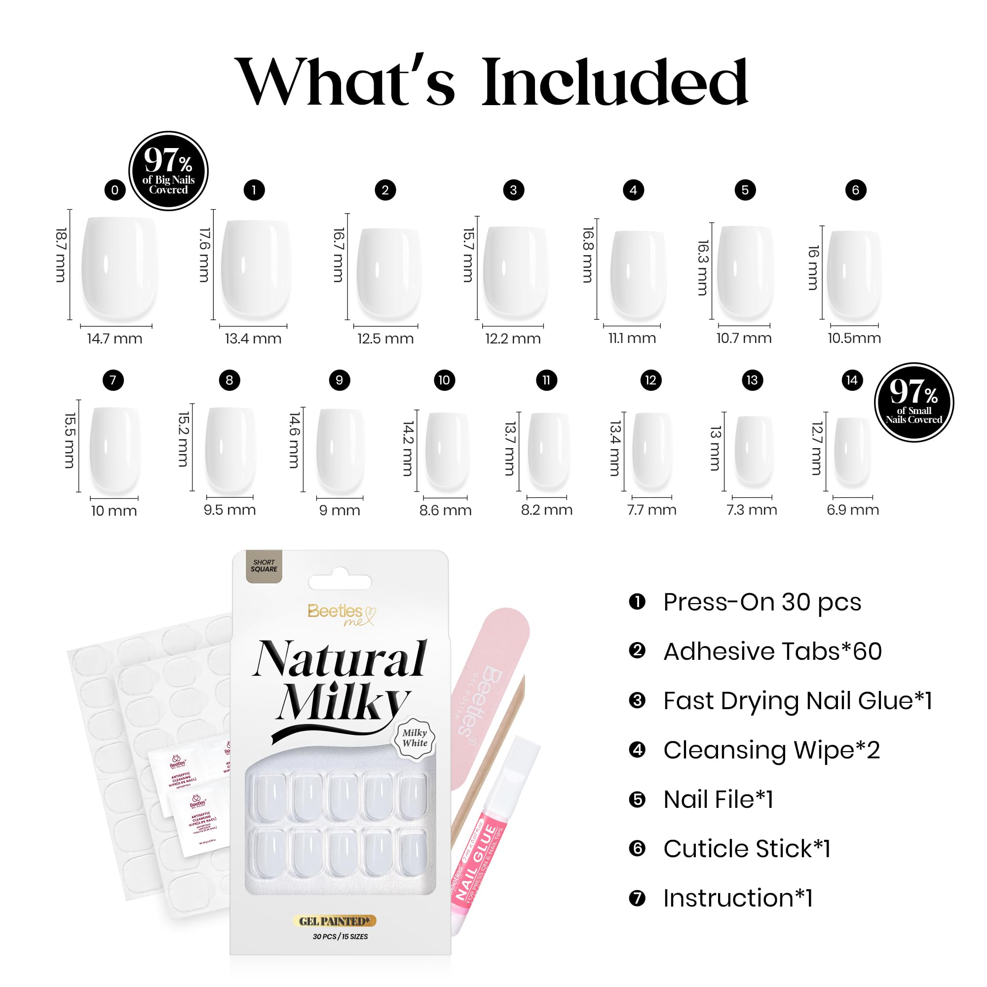 Beetles Natural Milky Press On Nails | Milky White Short Square 15 sizes-30Pcs