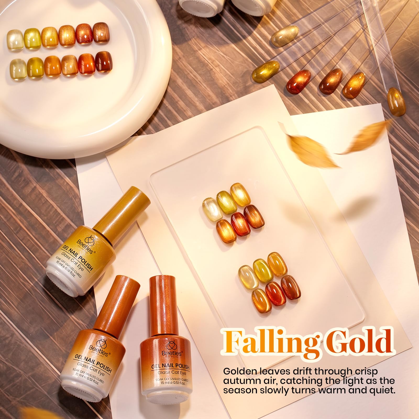 Beetles Gel Nail Polish Falling Gold 6 Colors 15ML Gold Brown Orange Cat Eye Glitter Gel Polish Kit