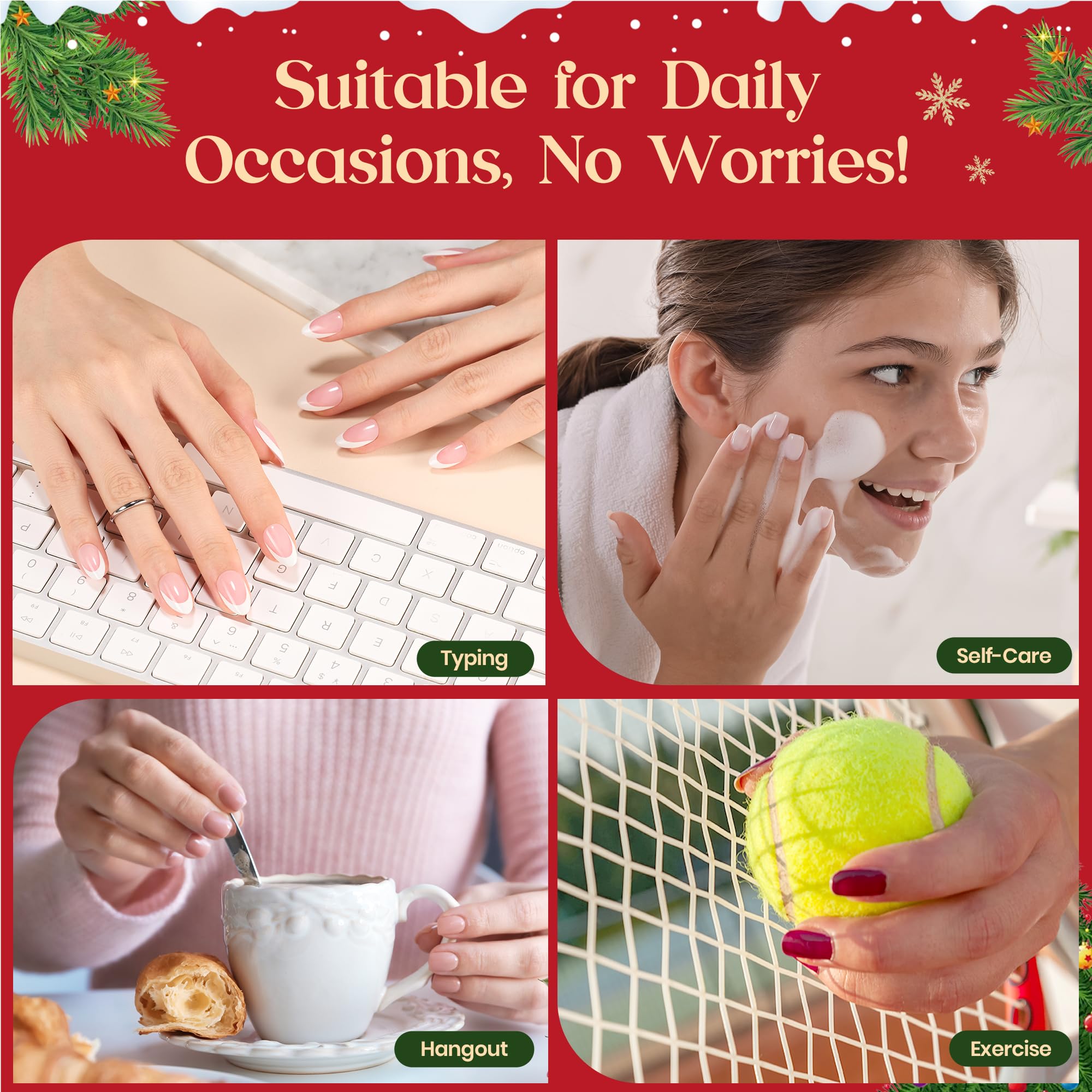 Beetles X Press Plus Red French Tip Nails Crimson French - 5 Colors Christmas Press On Nails Short Square 160Pcs 16 Sizes