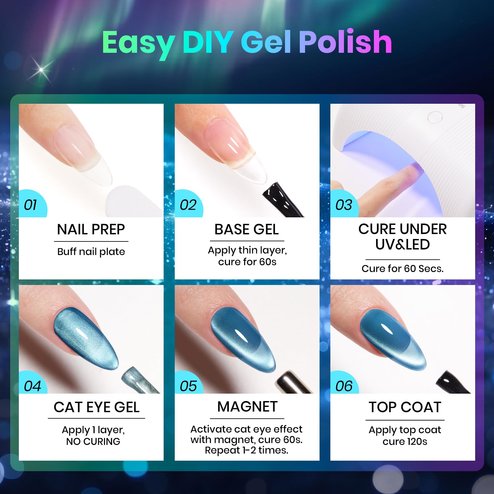 Beetles Starborn Galaxy 8 Colors Cat Eye Gel Polish Set Magnetic Blue Purple Shimmer