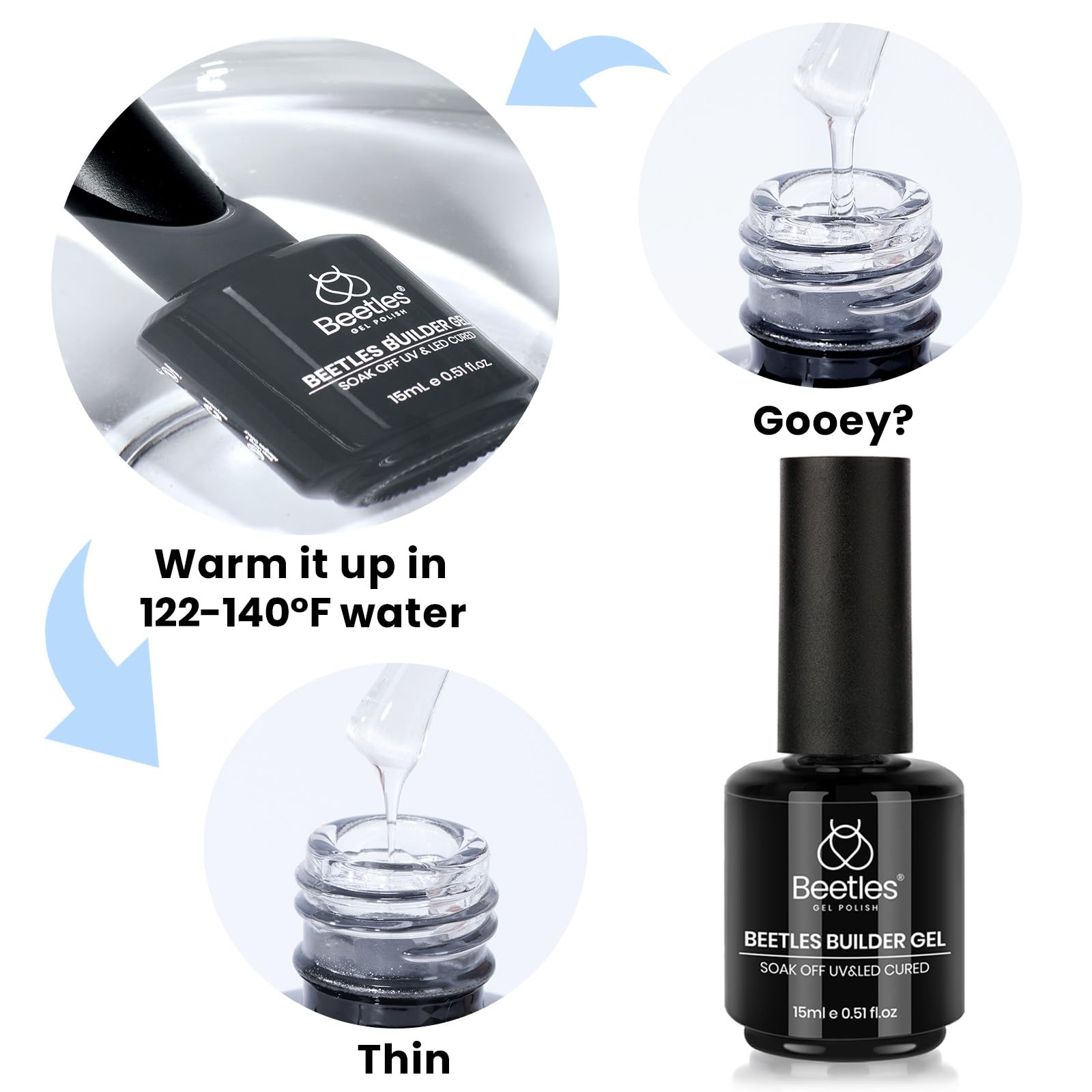 Beetles Builder Gel for Nails - 0.51 oz 8 in 1 Clear Builder Strengthener Gel Enhancement Nail Building Nail