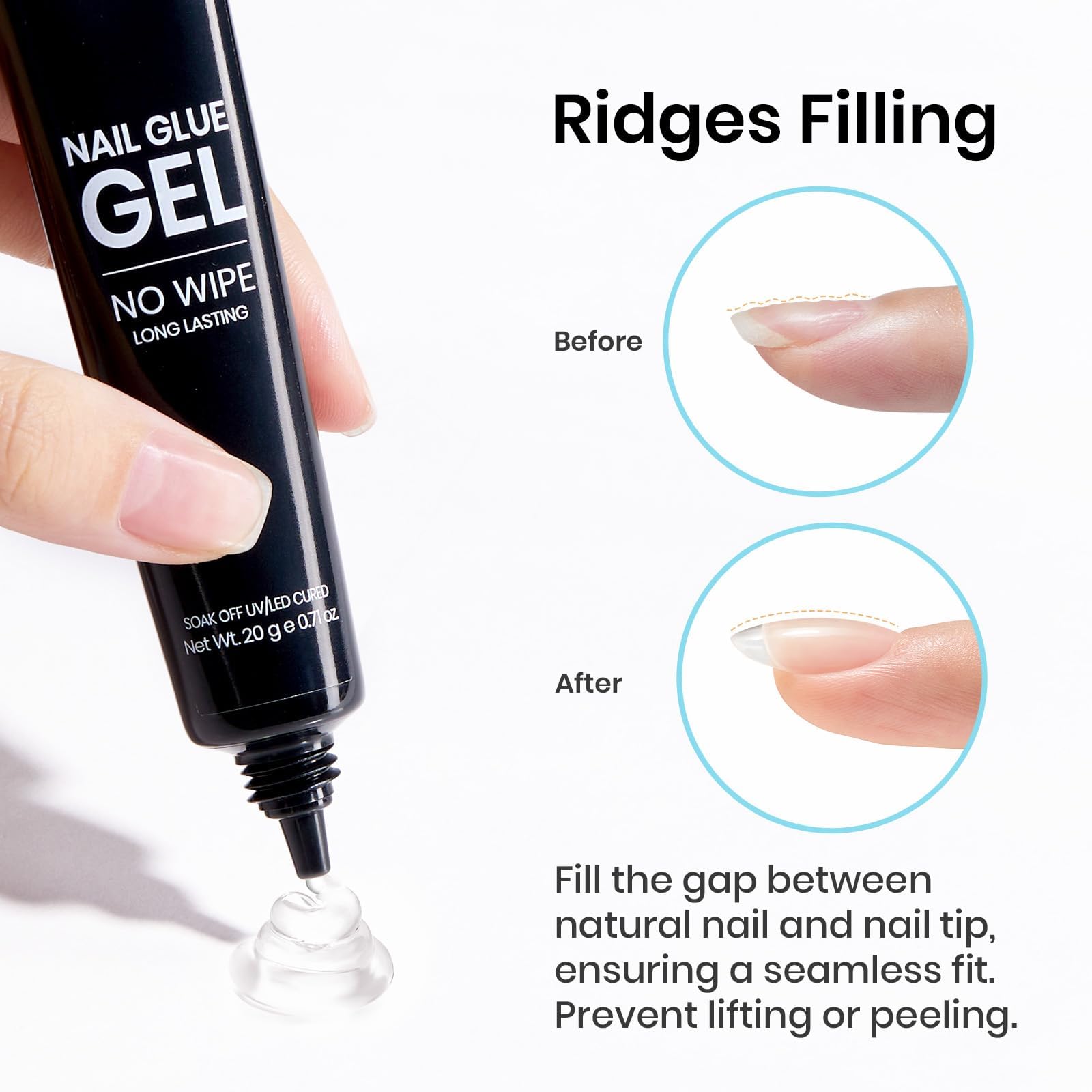 Beetles 2Pcs 20g Nail Glue Gel, No Wipe, Hands-Free Tipex Solid Nail Glue Gel