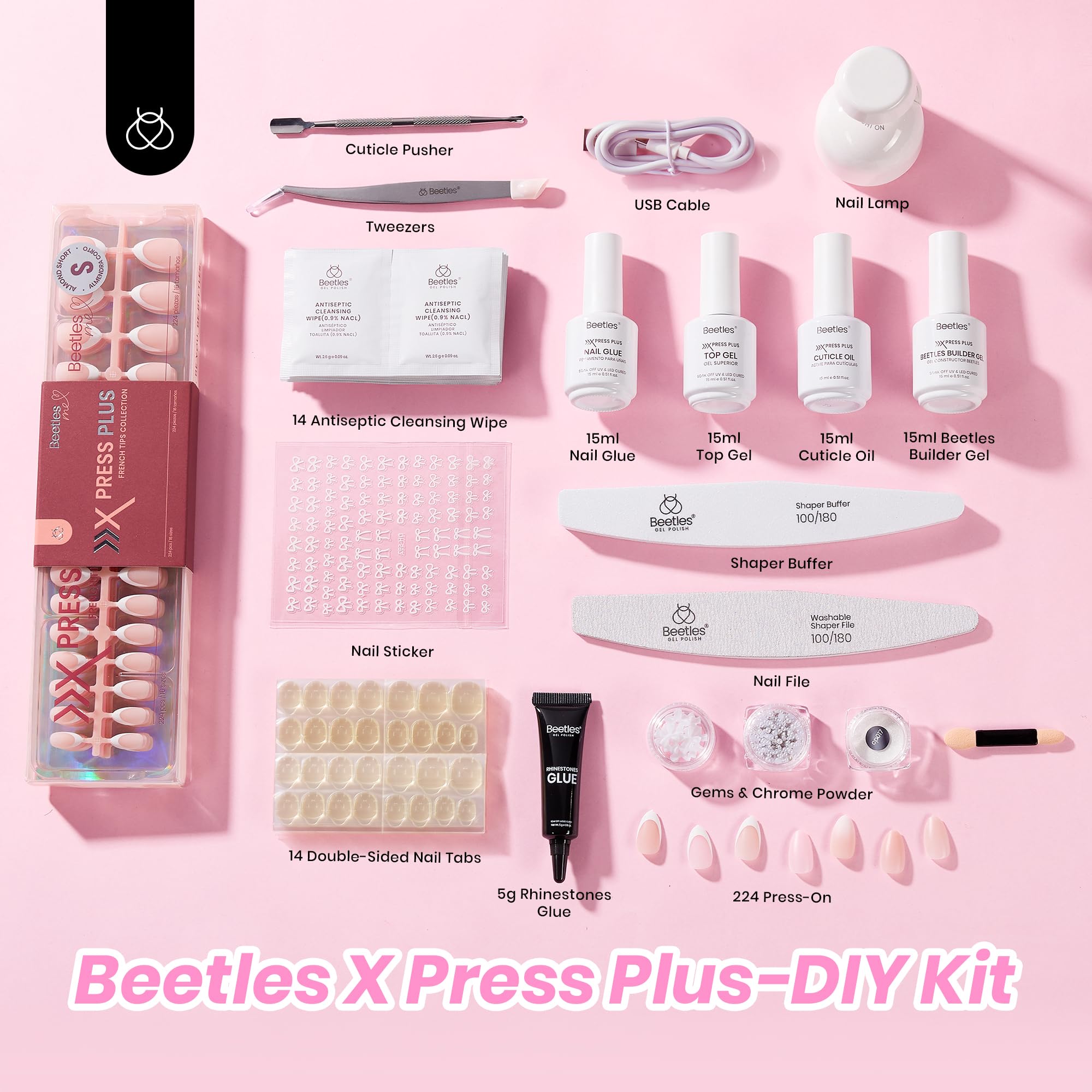 Beetles  Gel Nail Kit, French Tip Press On Nails Short Almond Kit with 224Pcs Nail Tips